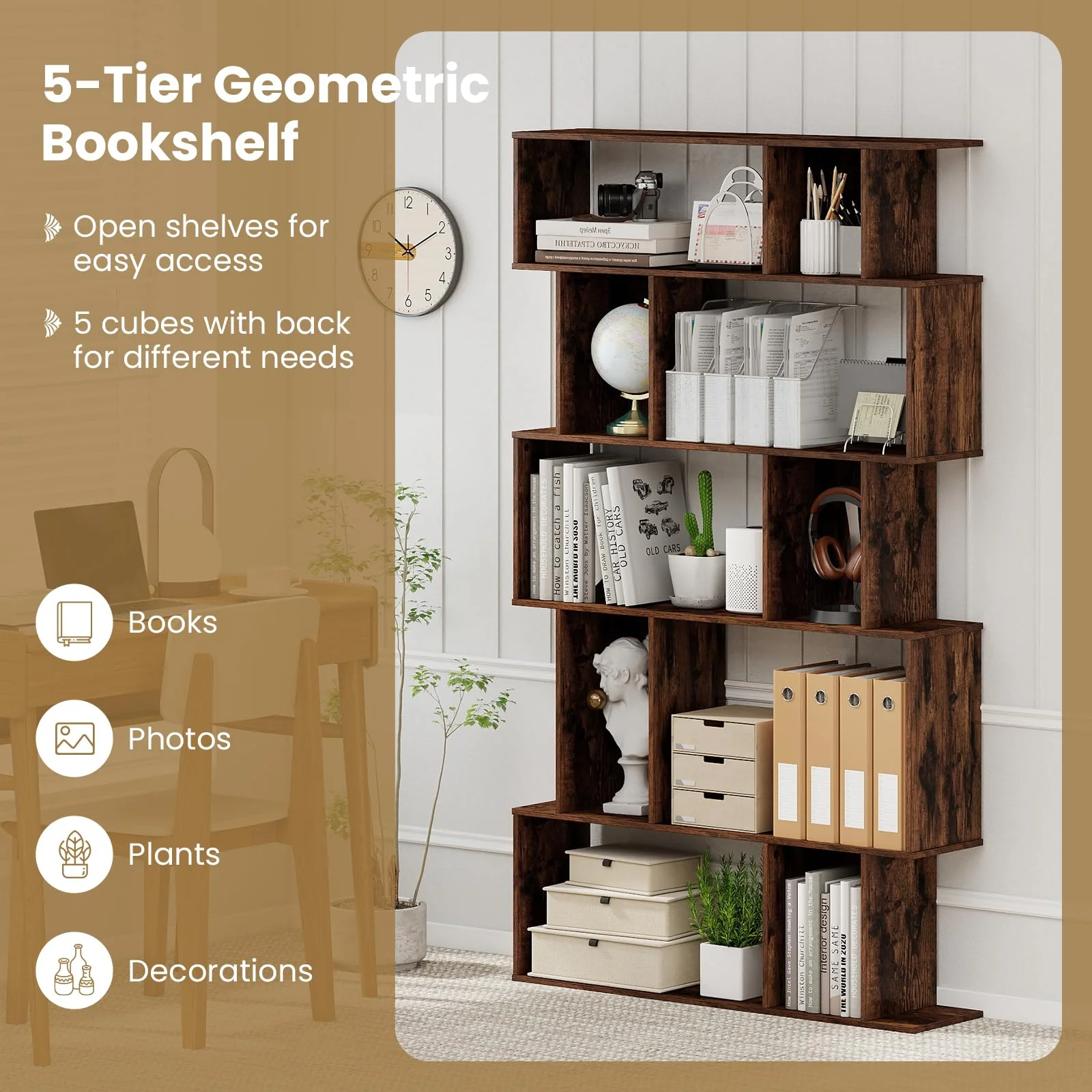 Tangkula Geometric Bookshelf 5-Tier Bookcase with Open Shelves and Closed-back Cubes