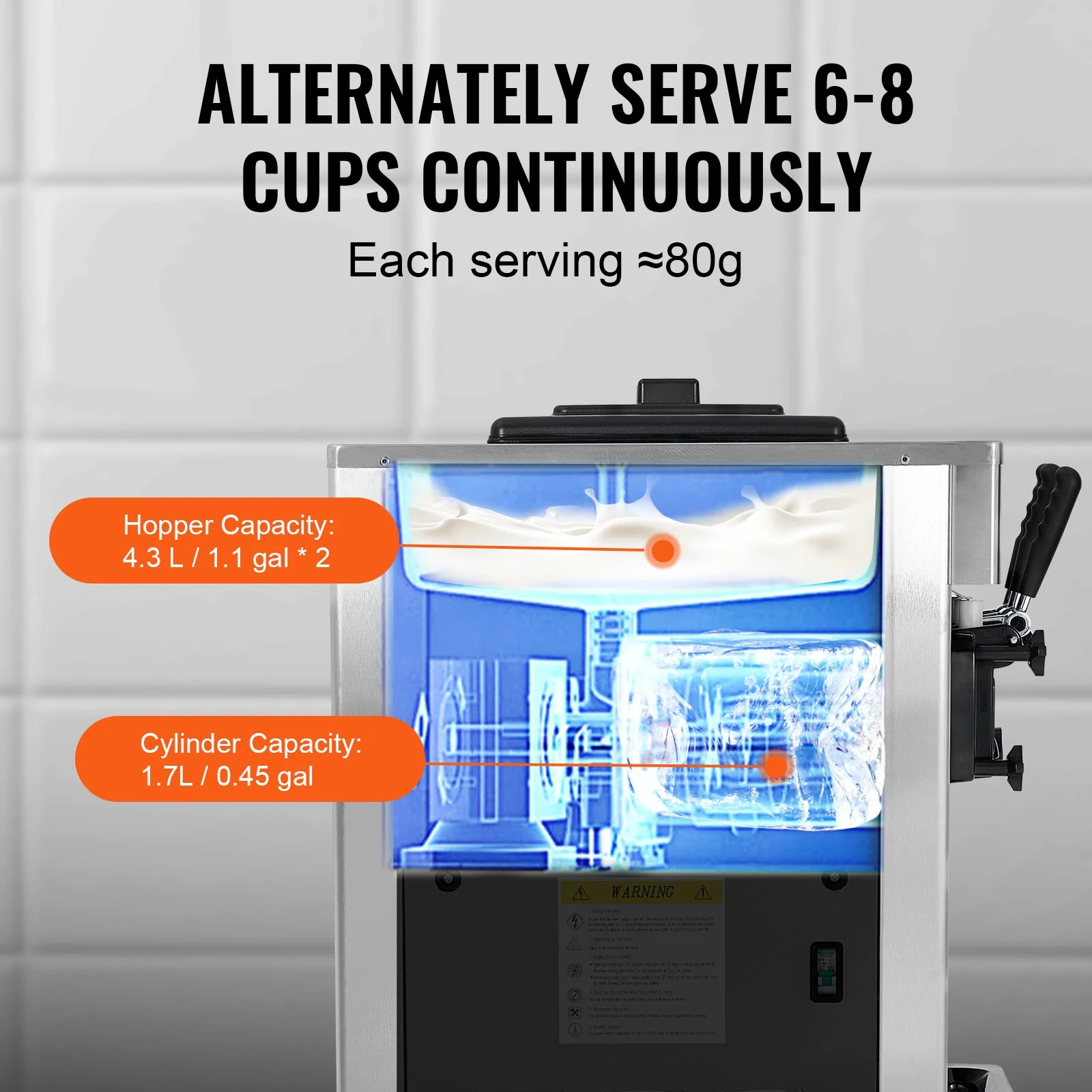 Commercial Soft Ice Cream Machine 21-31 L/H Output 3-Flavor LED Display Auto Clean 4.3L/1.1GAL Hopper,1.7L/0.45gal Cylinder - Image 5
