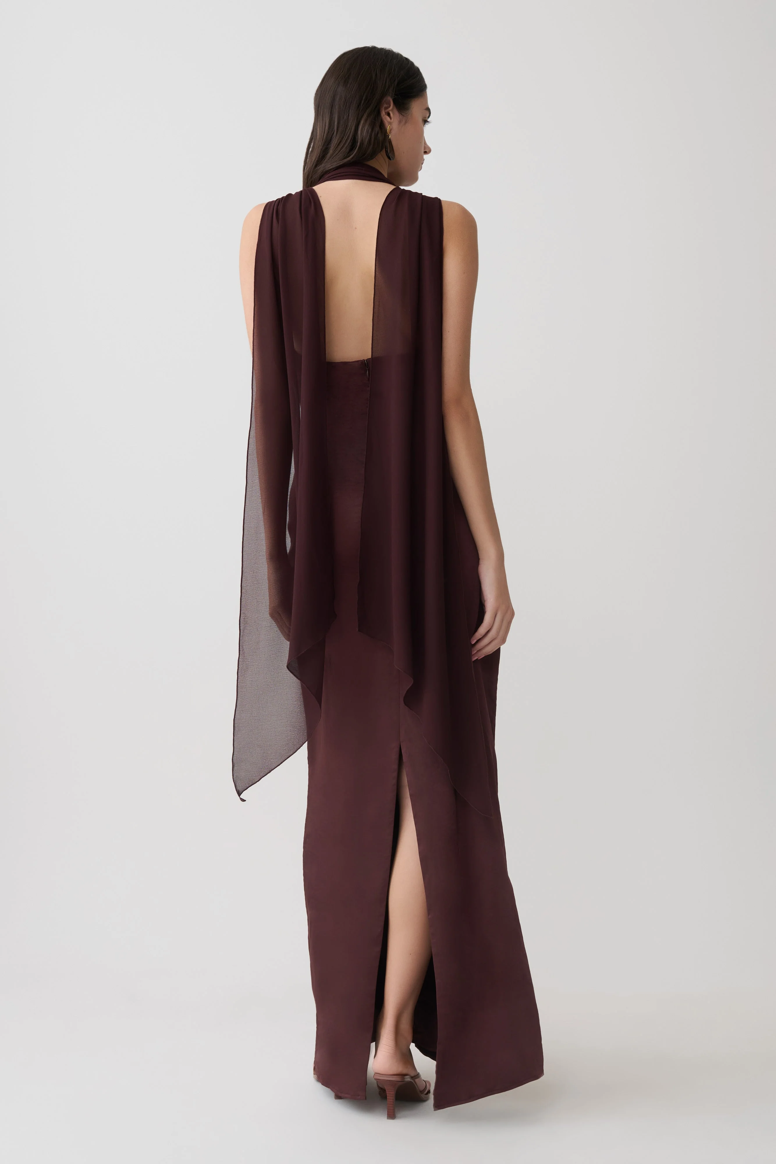 Myla Draped Shoulders Satin Maxi Dress - Chocolate