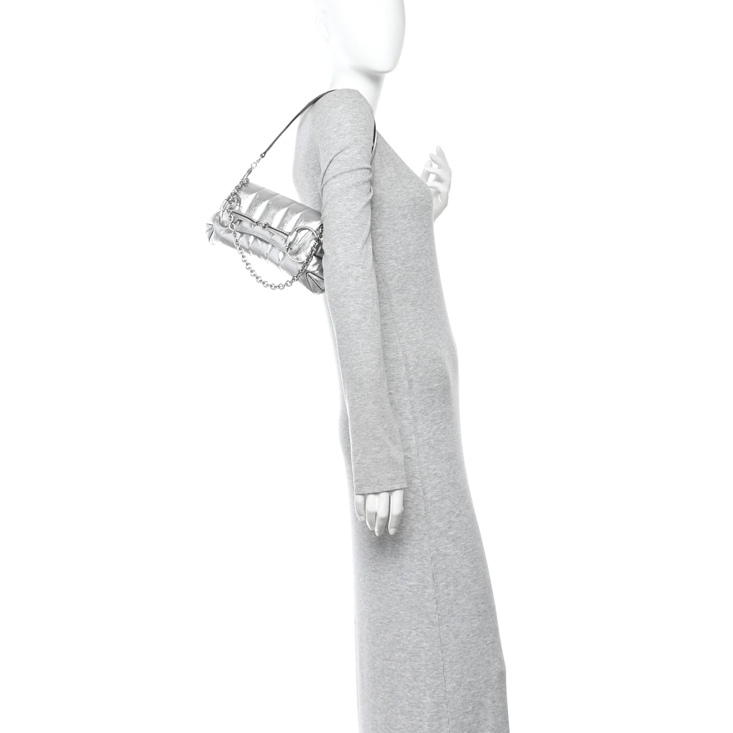 Metallic Nappa Vertical Matelasse Small Maxi Horsebit Chain Shoulder Bag Silver