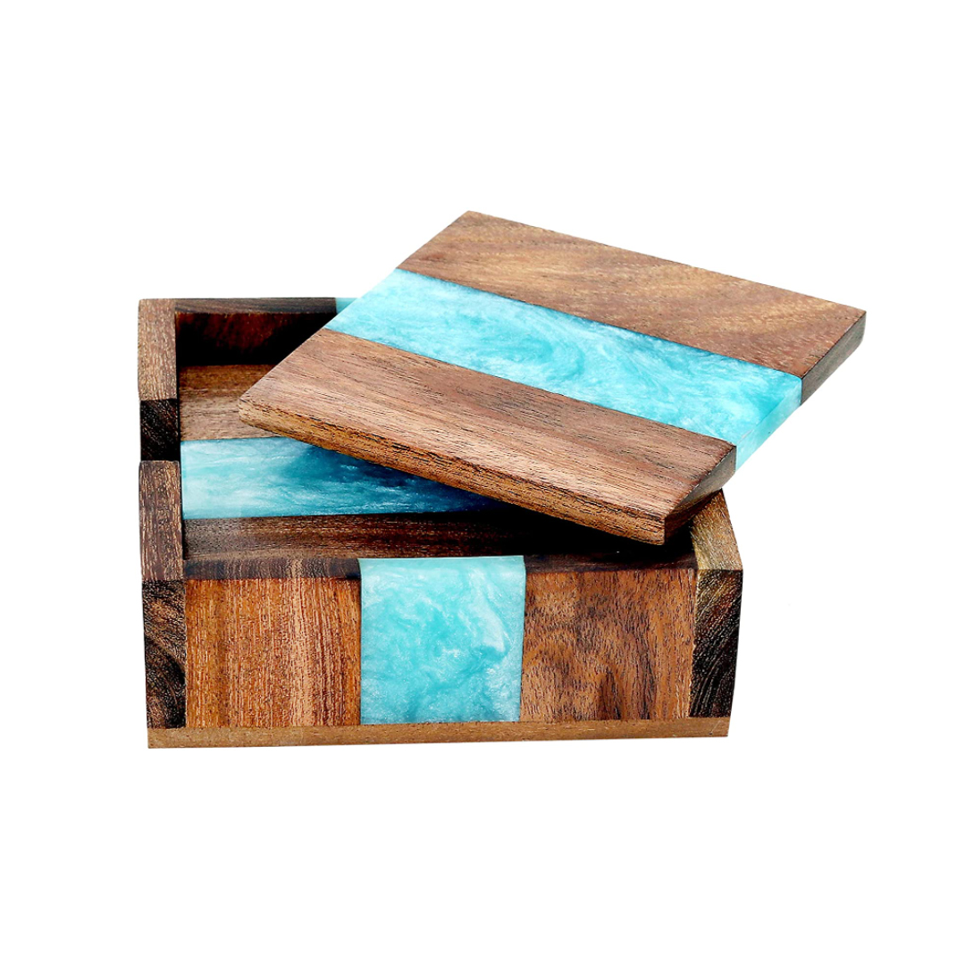 Olive Wood Square Coasters with Epoxy Resin River Design Eco-Friendly Europe Style Wood Resin Set
