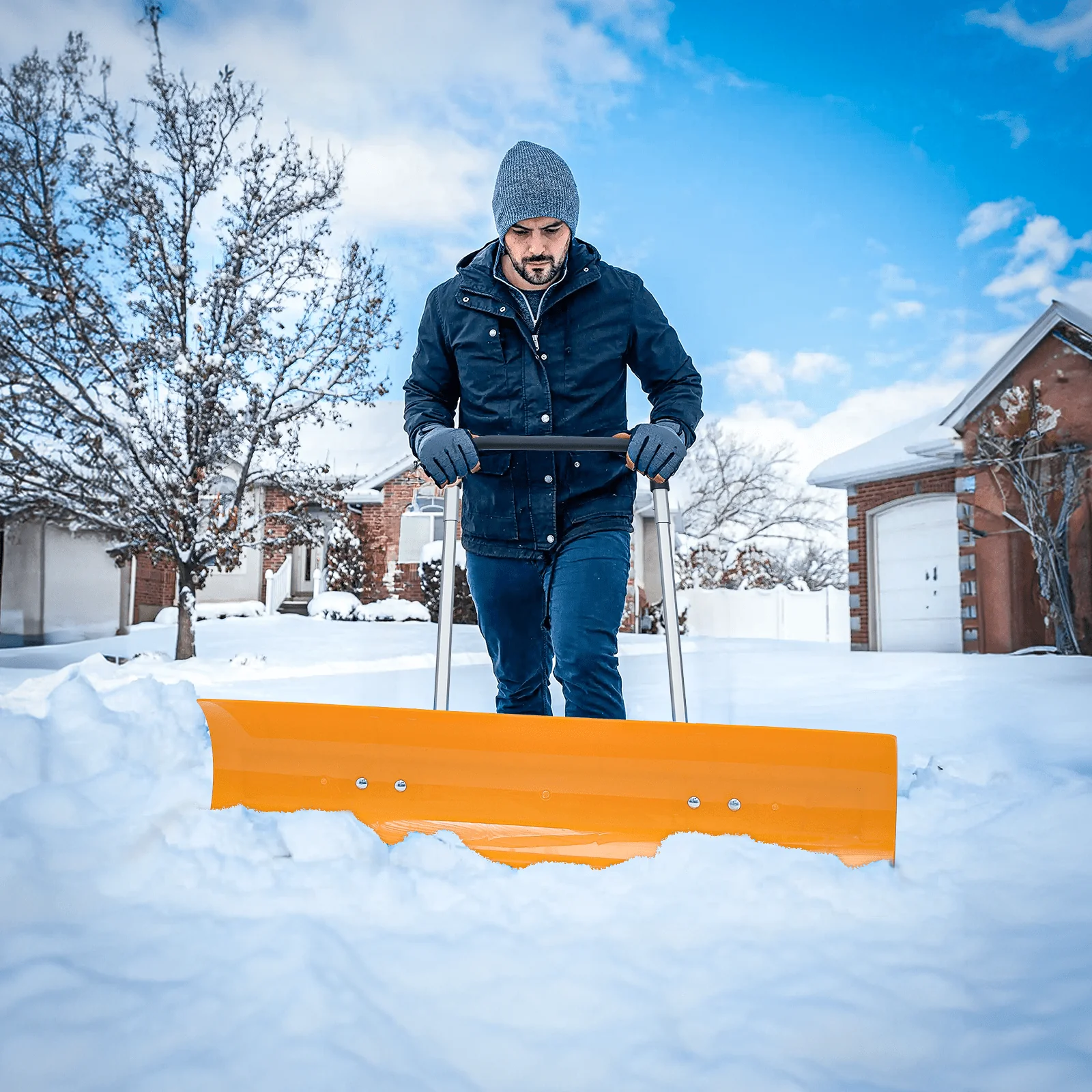 Snow Shovel with Wheels, 37 5 inch Wide Rolling Snow Plow Pusher Shovel with Adjustable Aluminum Handle, Snow Removal Tool for Driveway Garden Pavement, Orange Image 4