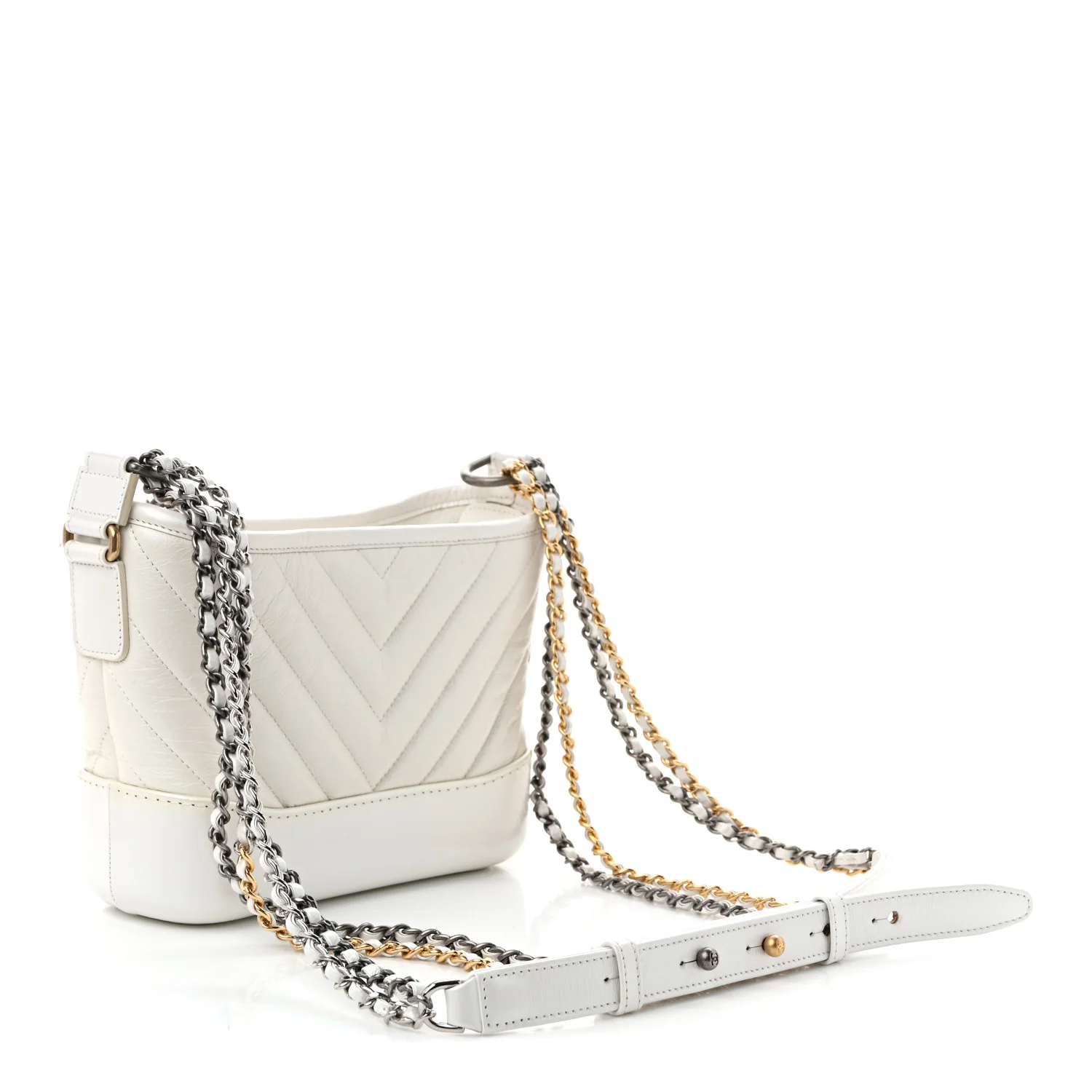 Iridescent Aged Calfskin Chevron Quilted Small Gabrielle Hobo White