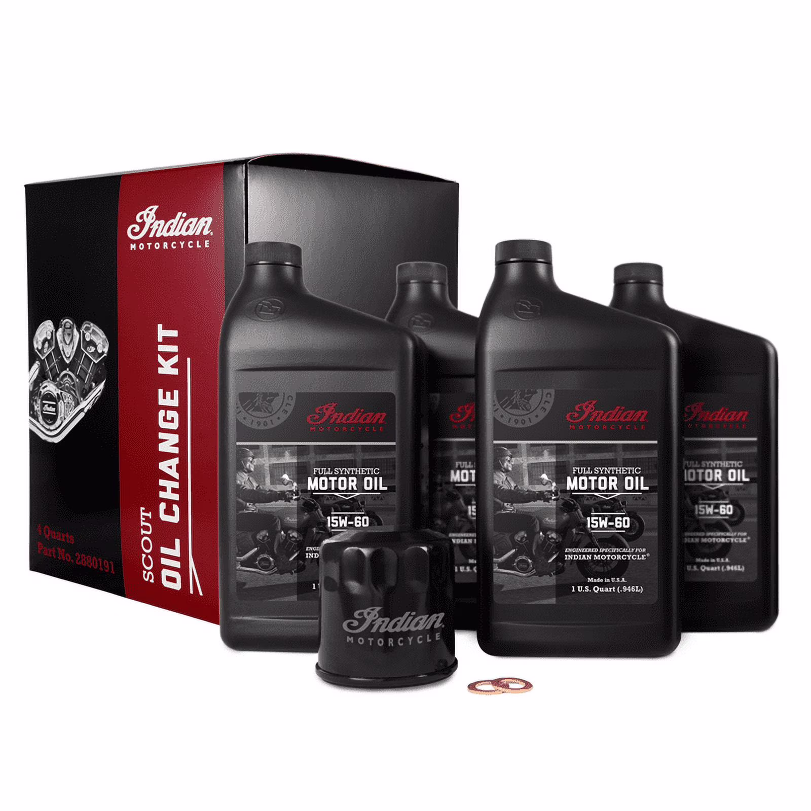 Indian Motorcycle Scout Oil Change Kit with Full Synthetic 15W - 60 Motor Oil, 4 Quarts, 2 Washers
