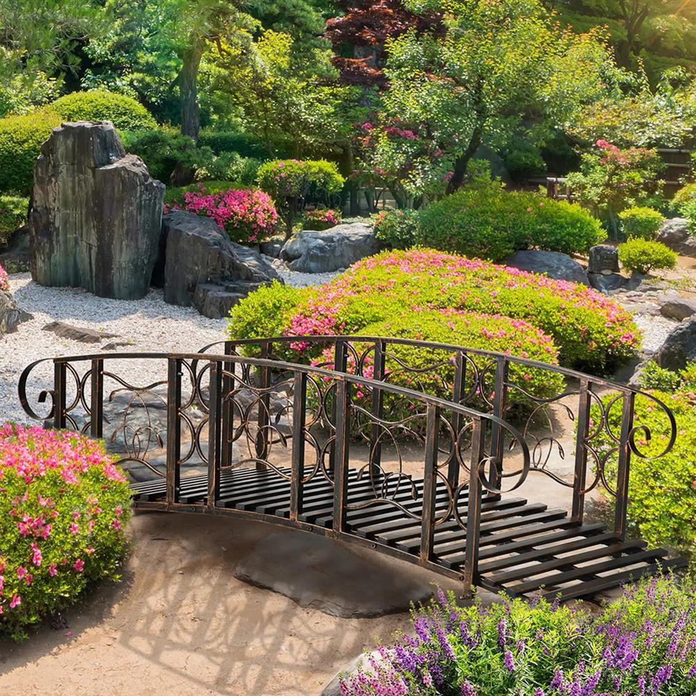 GVN Bridge, Garden Bridge,Metal Arch Backyard Garden Bridge with 660 lbs. Weight Capacity, Safety Siderails, Black