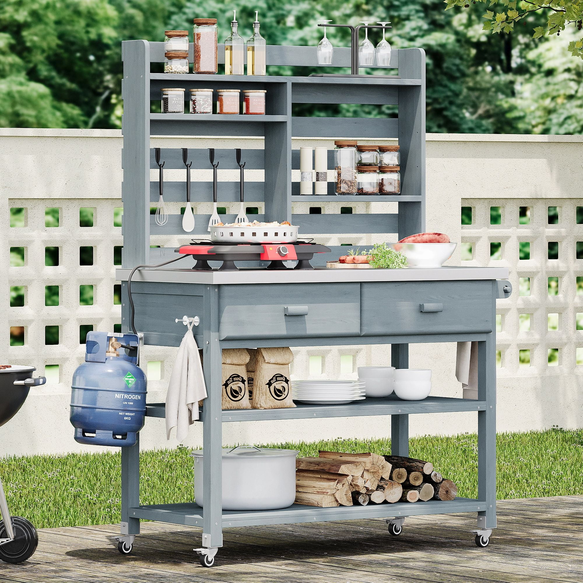 EUROCO 500 lb 64.9"h Solid Fir Wood Potting Bench with Stainless Top & 4 Wheels, Large Modular Garden Work Table with 4 Hooks, Bottle Opener, 4 Shelves and 2 Drawers, Outdoor Potting Table for Porch