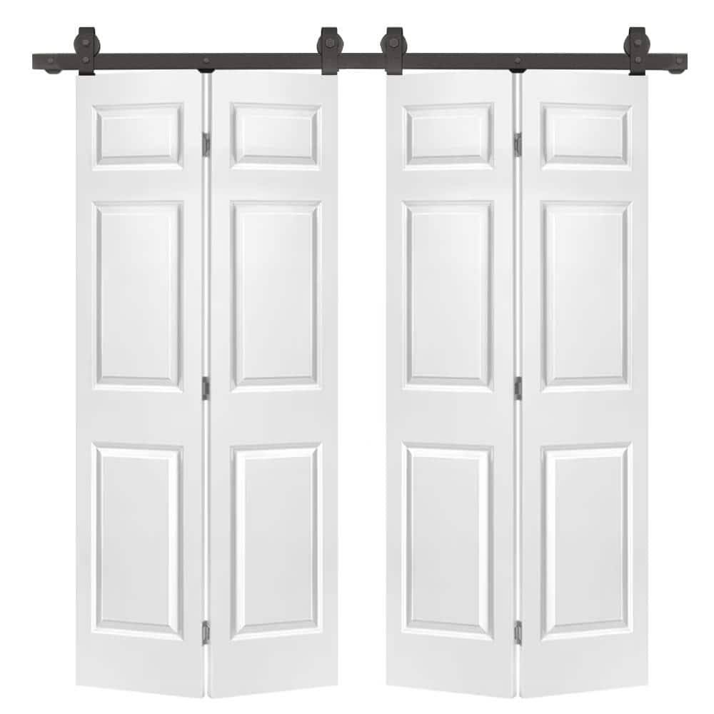 CALHOME 60 in. x 80 in. 6 Panel Primed MDF Composite Double Bi-Fold Barn Door with Sliding Hardware Kit