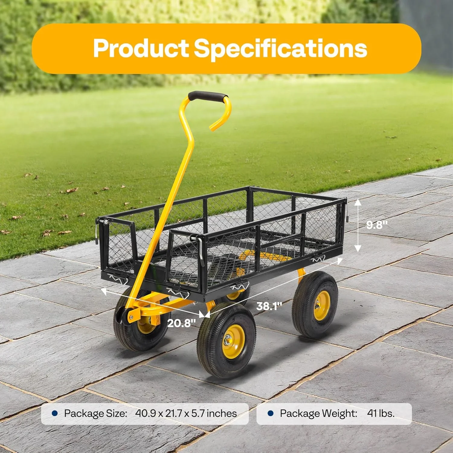 SPECSTAR Mesh Steel Garden Cart 880 lbs Capacity, 38 x 21 Folding Utility Wagon with 10 Inch Wheels