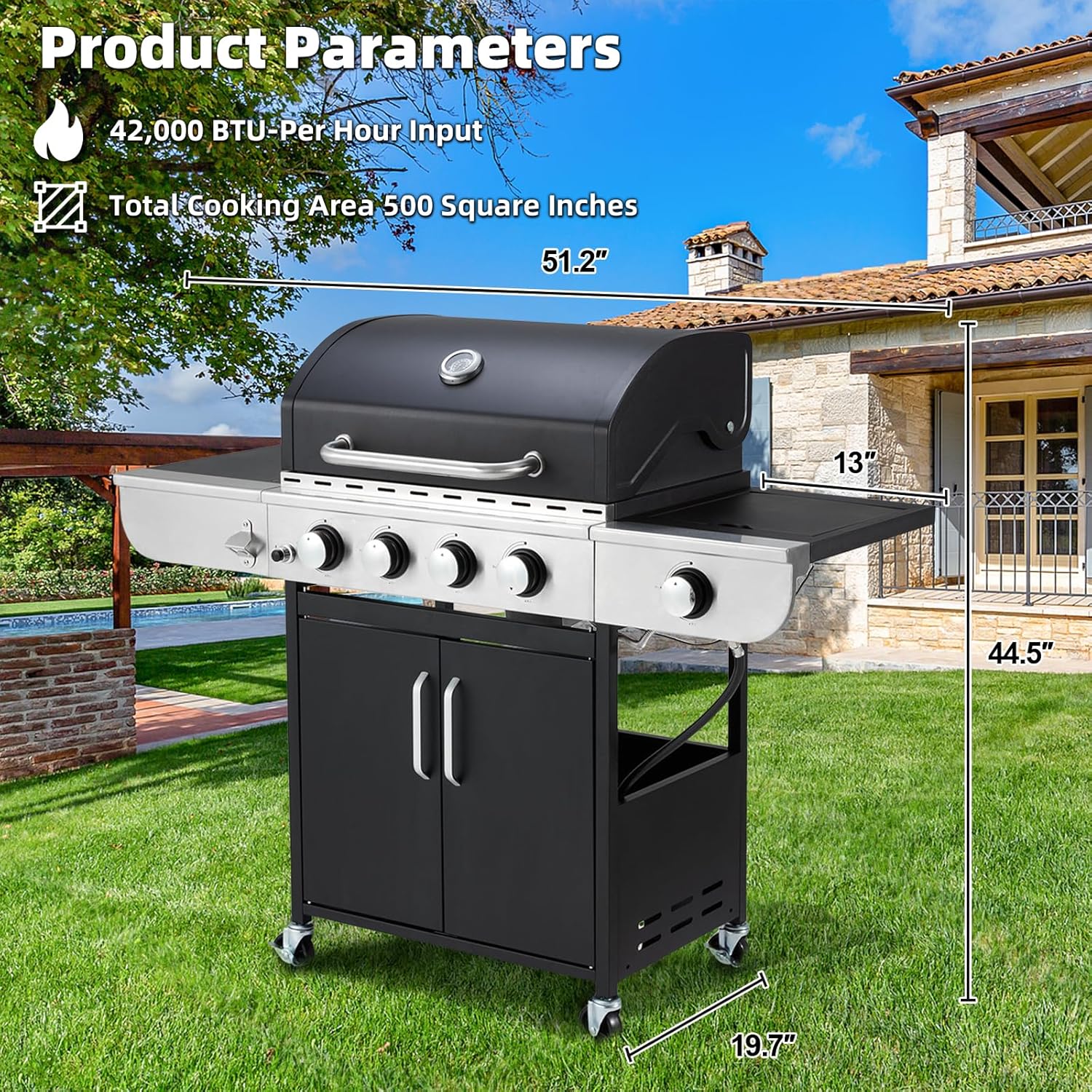 Upgraded 4 Burner Bbq Propane Gas Grill with Cast Iron Grates & Side Stove, 44,000 btu Stainless Steel Burner Barbecue Grill for Patio,…