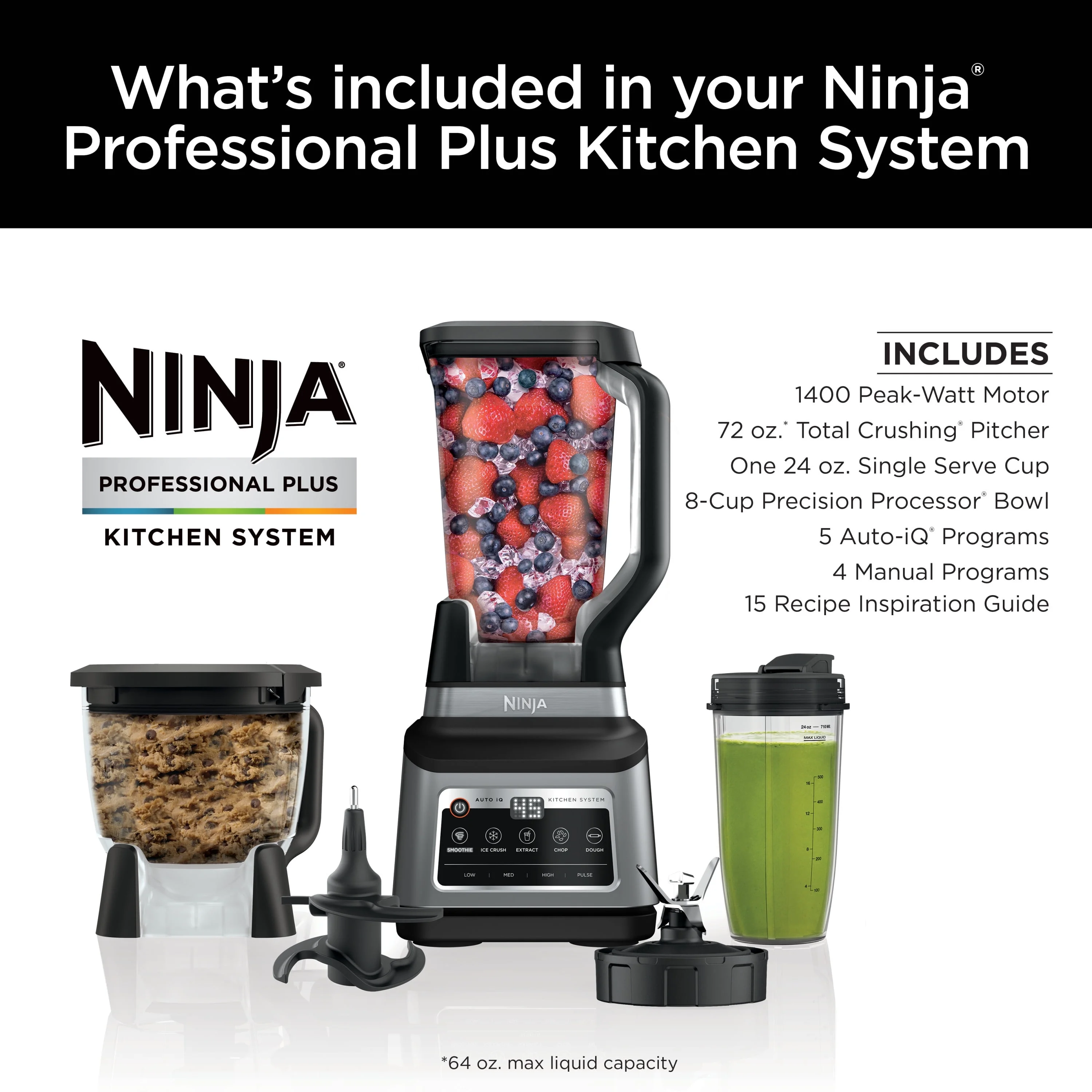 Professional Plus Kitchen System, 1400 Watts, 5 Presets for Smoothies, Chopping, Dough with Auto IQ, 72 oz * Blender Pitcher, 64 oz Processor Bowl, 24 oz To Go Cups, Black, BN800 Image 8