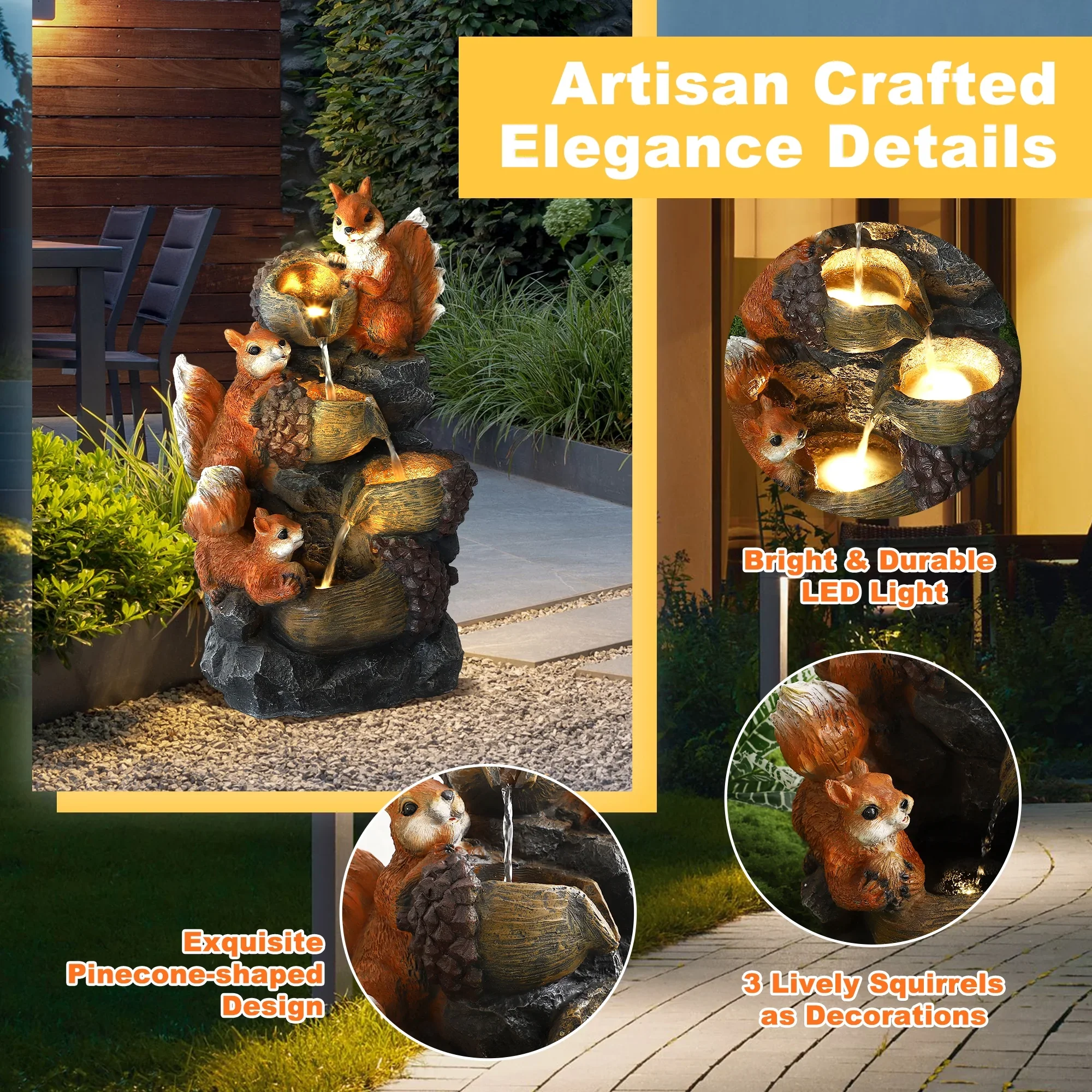 Magic Union Outdoor Water Fountain, Waterfall Indoor Outside Cascading Rock Fountain Garden Decor with Squirrels Decorations, 3 Pinecone-Shaped Rocks Patio Resin Fountains for Yard, Porch and Home