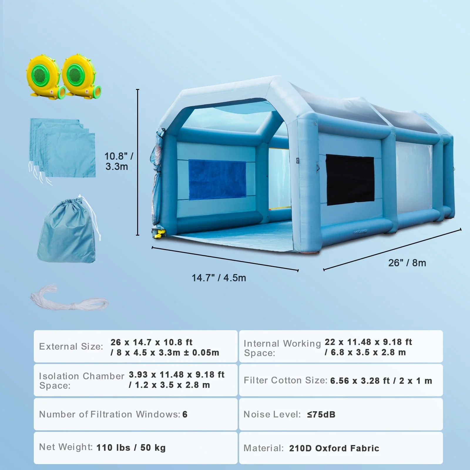 Inflatable Paint Booth 26x15x11ft Inflatable Spray Booth Car Paint Tent with 750W+950W Filter System Blower - Image 7