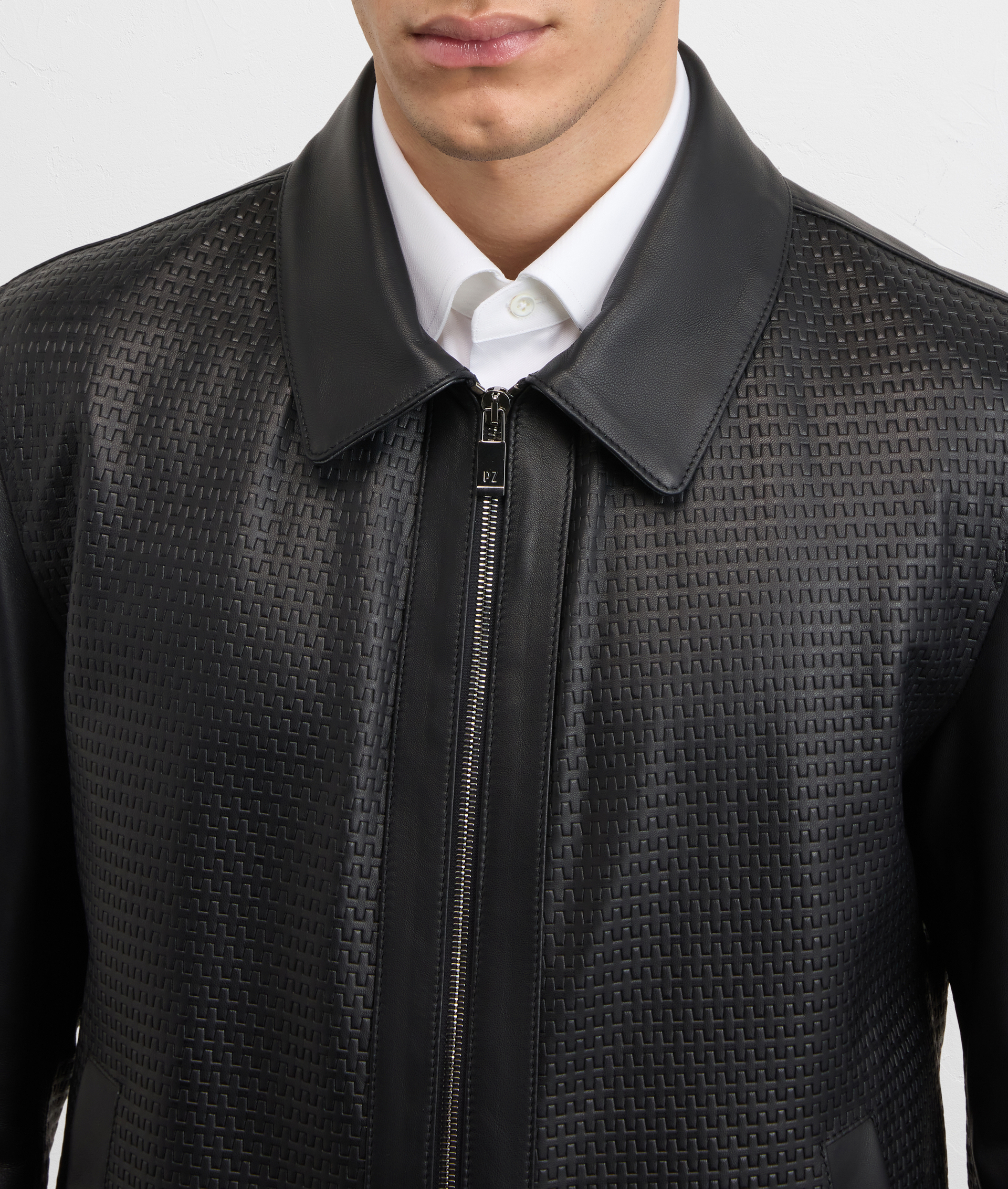 BLACK LEATHER BLOUSON WITH SHIRT COLLAR