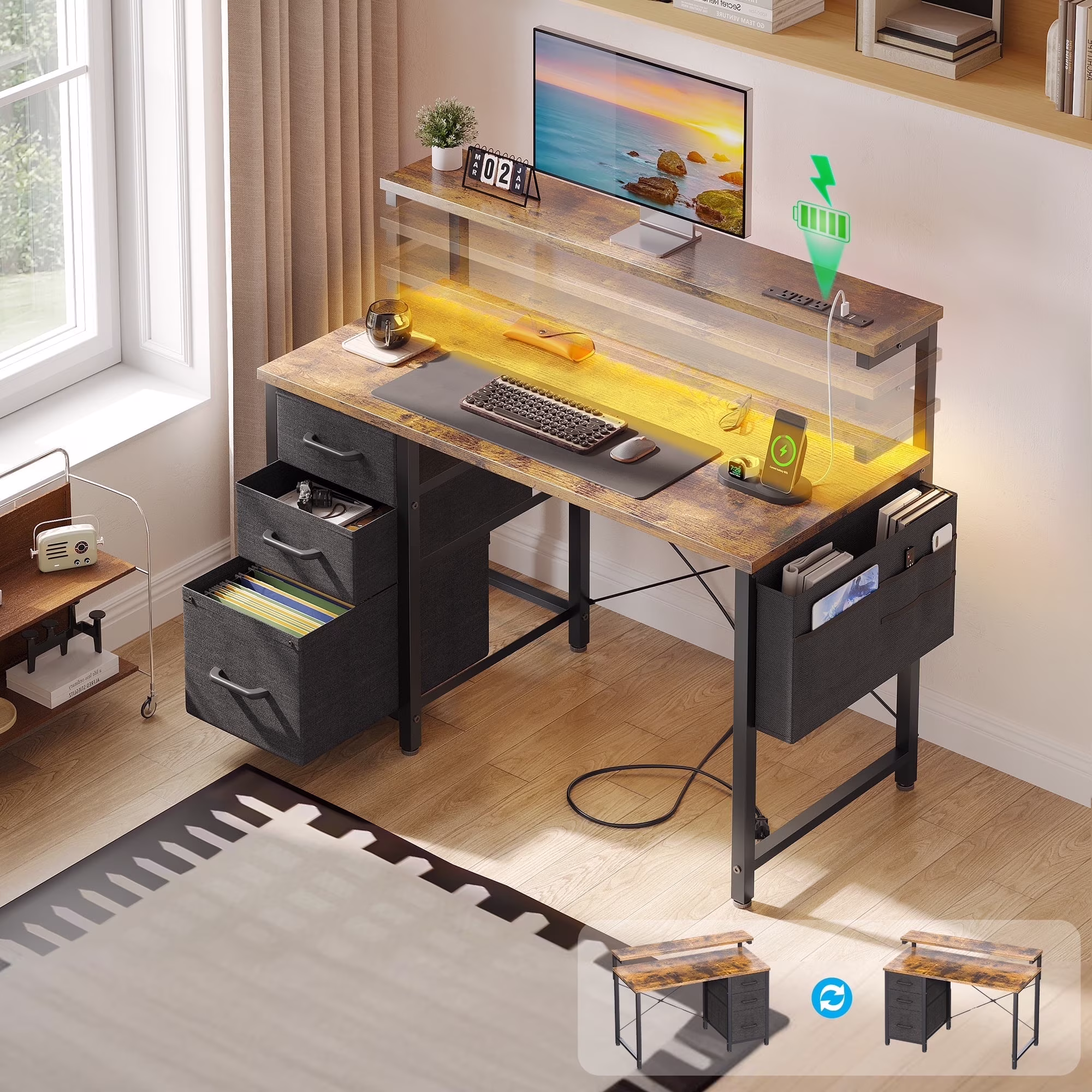 40 inch Computer Desk with Power Outlets LED Lights, Home Office Desk with 3 Drawers Adjustable Monitor Shelf,, Writing Desk with Storage Bag, Vintage(Vintage)