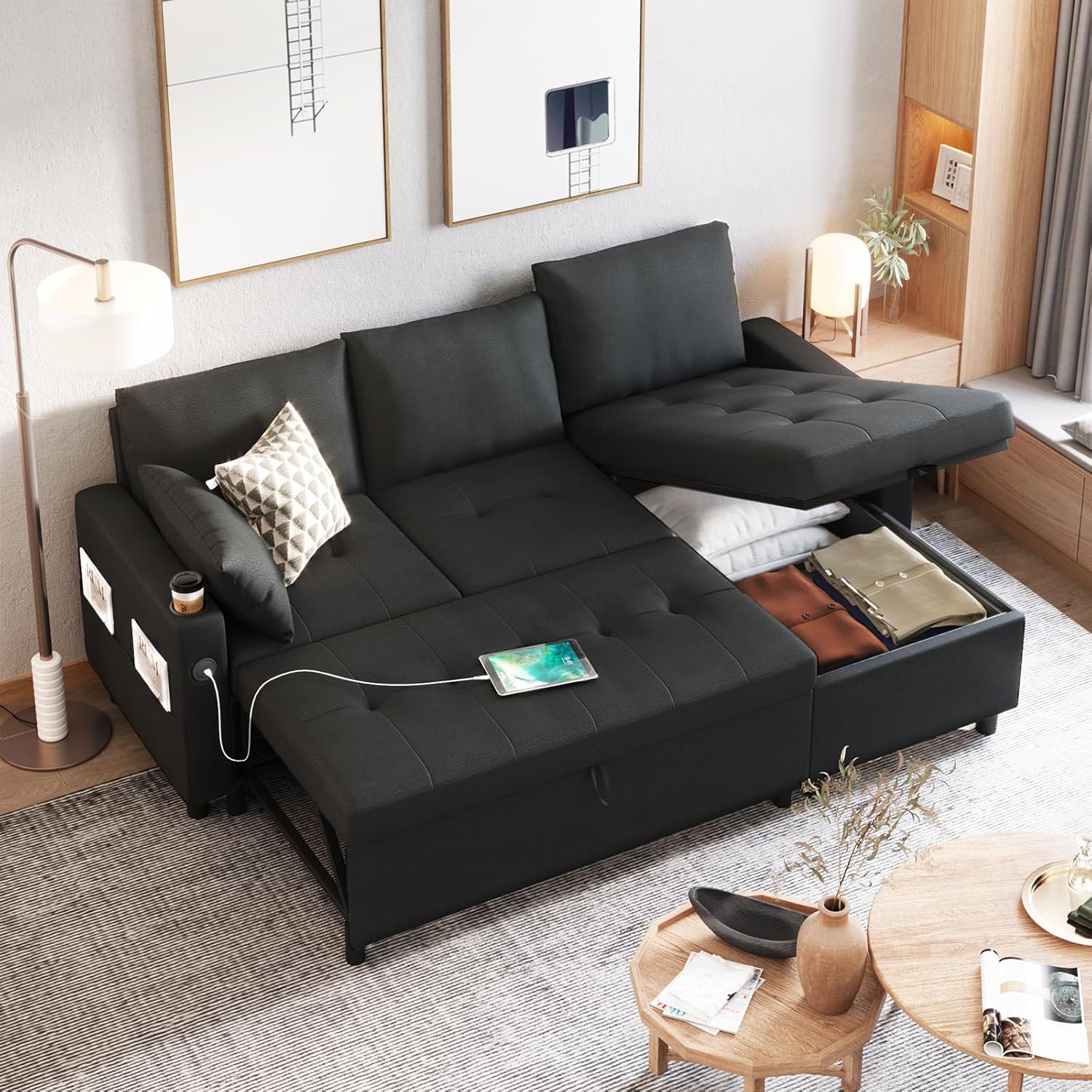 AECOJOY Sleeper Sofa Couch with Pullout Bed, Linen Fabric, Black