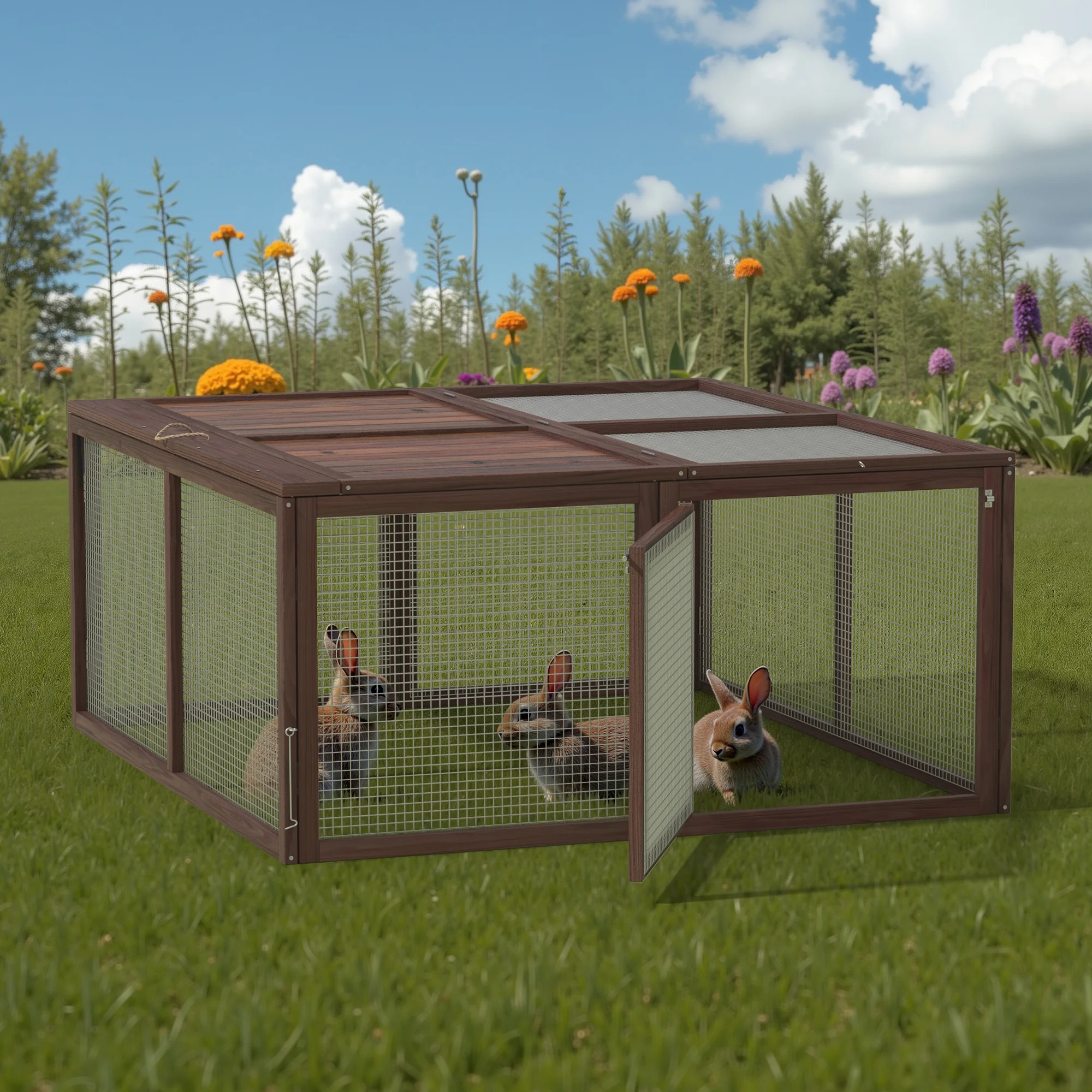 Portable Chicken Coop Run Rabbit Hutch Outdoor Small Animal Cage House Wooden Poultry Enclosure for Bunny, Duck, Chick, Quail, No Assembly Required(Yellow) - Image 10