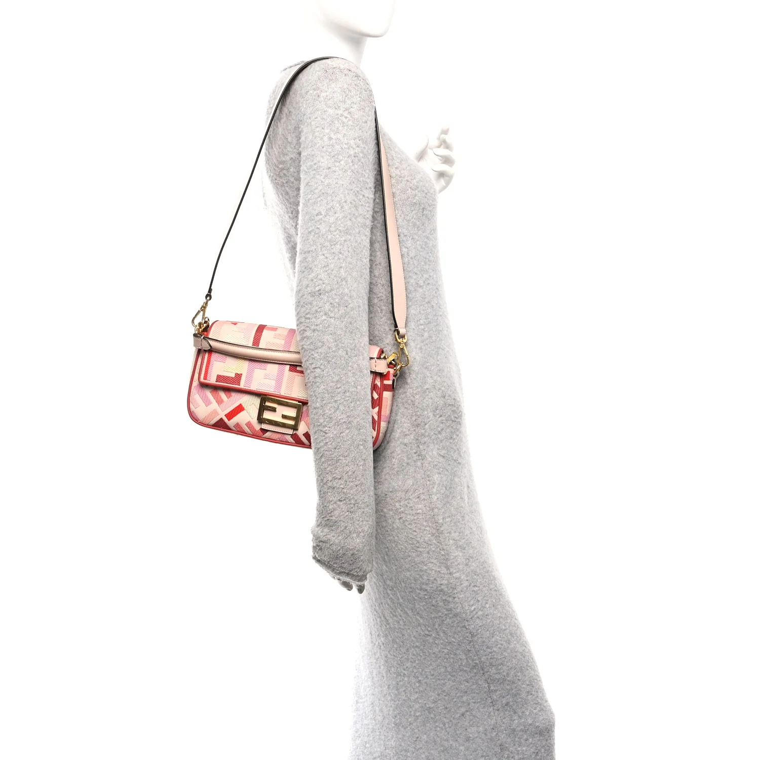 Canvas Vitello King FF Embroidered Baguette Rosa Quarzo Bloody Mary Multicolor