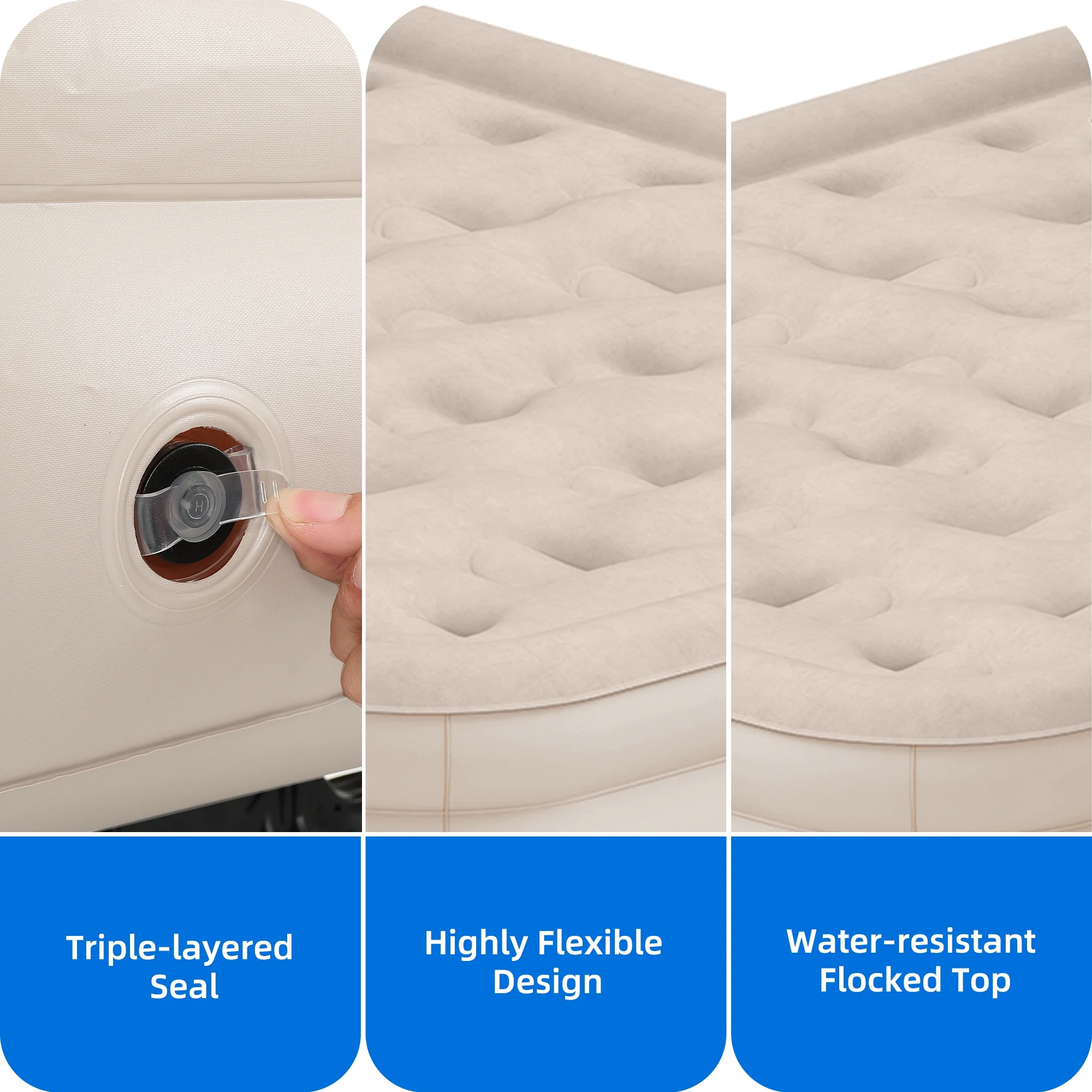 Inflatable Queen Air Mattress with Built-in Pump, Frame, Velvet Surface Portable Storage Case, Khaki(Queen/Khaki) - Image 5