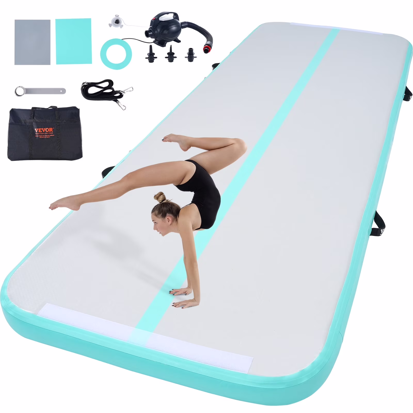 VEVOR Gymnastics Air Mat, 4 in Thickness Inflatable Gymnastics Tumbling Mat, Tumble Track with Electric Pump, Training Mats for Home Use/Gym/Yoga/Cheerleading/Beach/Park/Water, 10 Ft, Mint Green