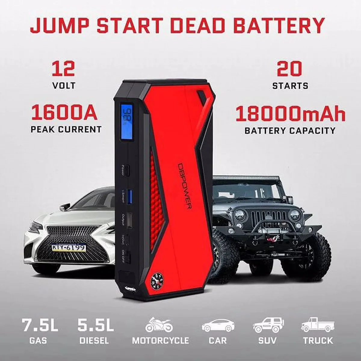 Peak 1600A 18000MAH Car Battery Jump Starter, Up to 7.2 Gas, 5.5L Diesel Engines, Portable Battery Booster with Smart Charging Port, Lcd…