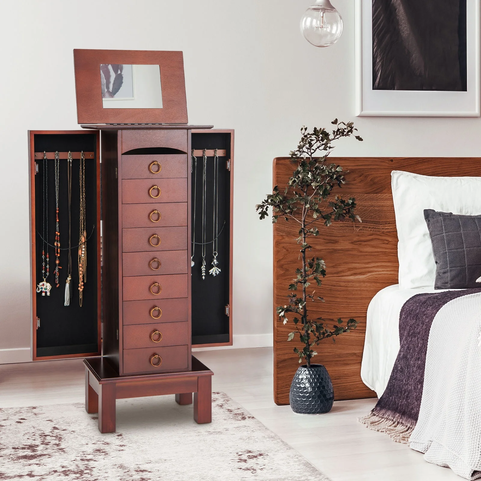 Wood Jewelry Cabinet Armoire Storage Box Chest Stand Organizer Indoor Bedroom - Image 4