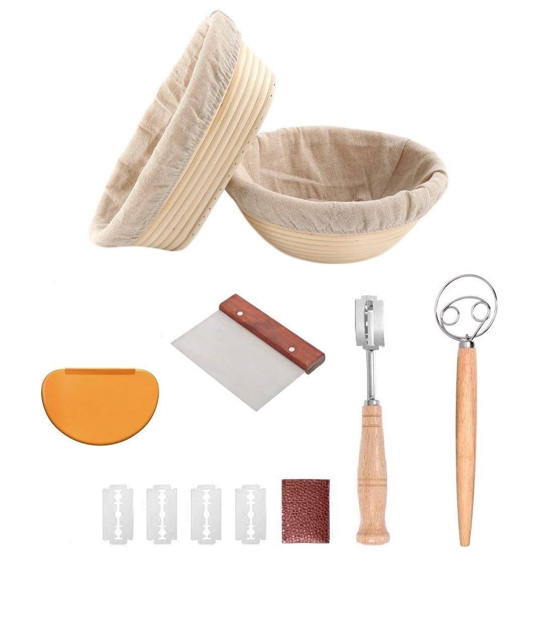 YAANI Bread Proofing Basket Set of 2 Round and Oval, Banneton Proofing Basket + Danish Dough Whisk + Bread Scoring Lame + Stainless Steel Dough