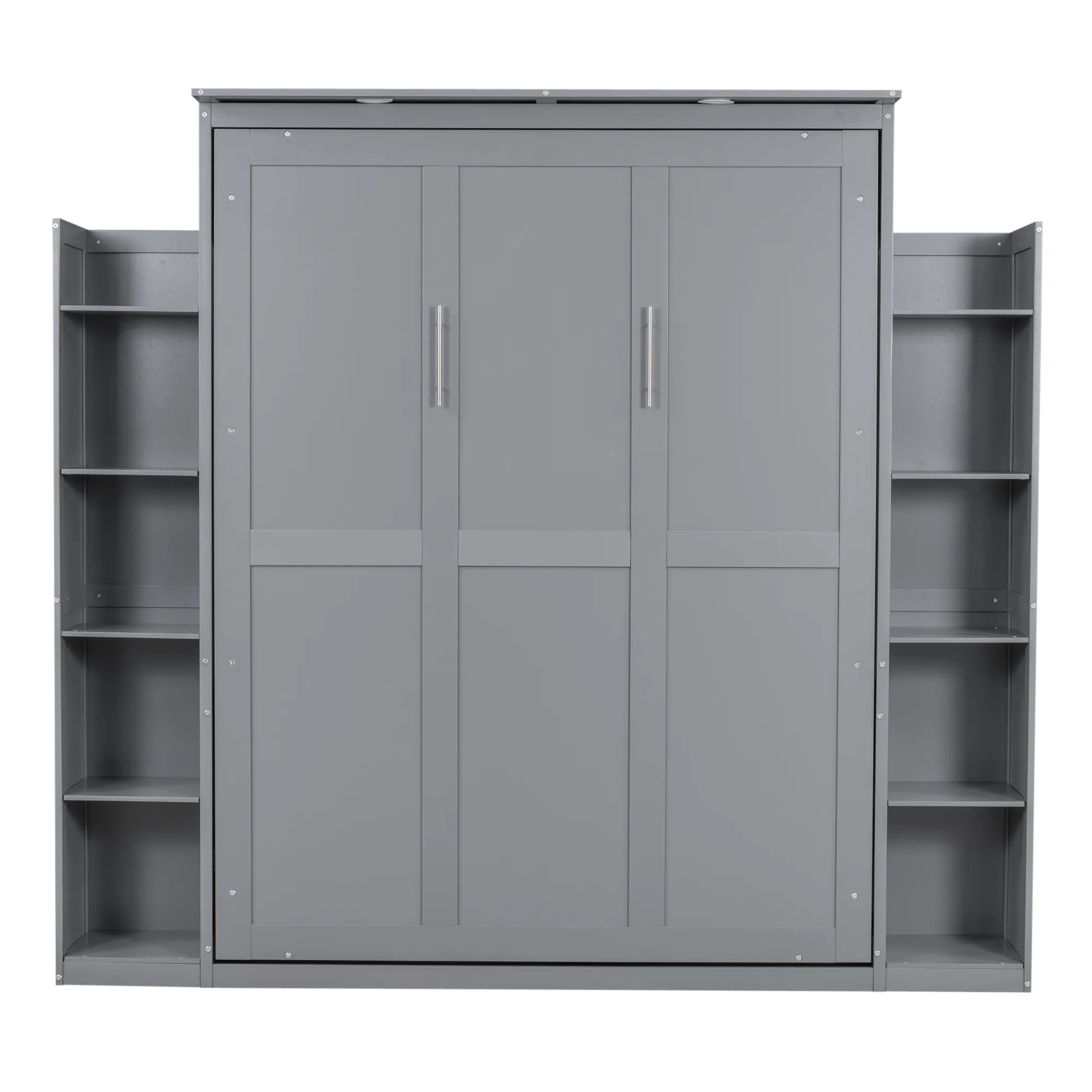 Queen Size Murphy Bed with 5-Tier Storage Shelf LED Lights, Foldable Wall Bed Cabinet with Mattress Support, Space-Saving Design for Guest Room/Home Office, Gray - Image 6