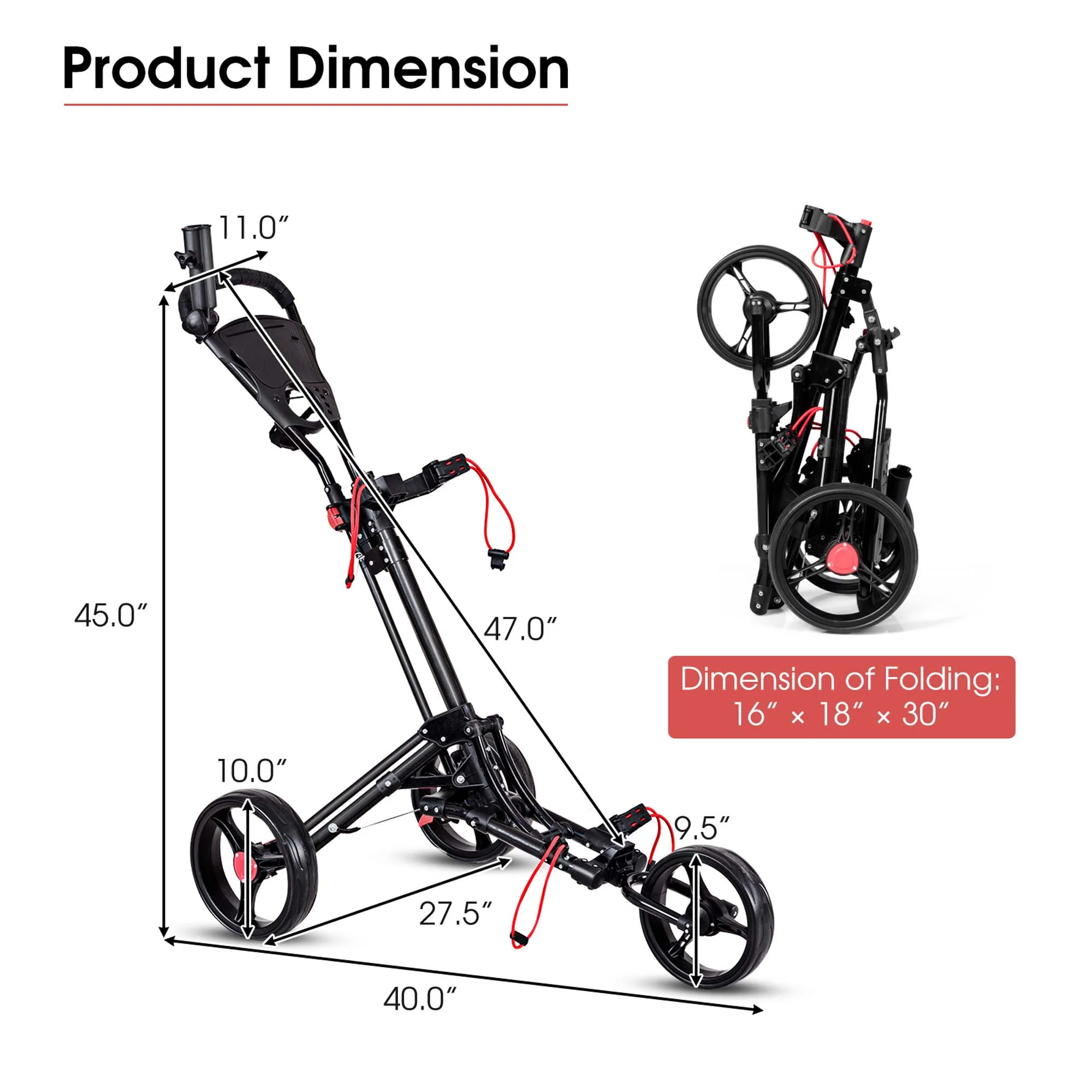 Costway Foldable 3 Wheel Steel Golf Pull Push Cart Trolley Club W/ Umbrella Holder