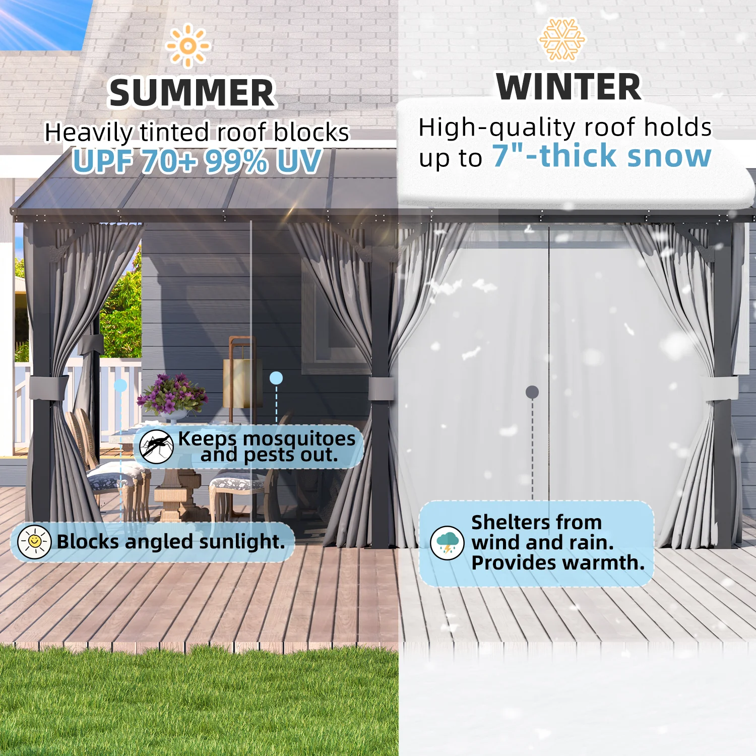AECOJOY 14'x12' Wall Gazebo with Curtains and Mosquito Netting, Gray