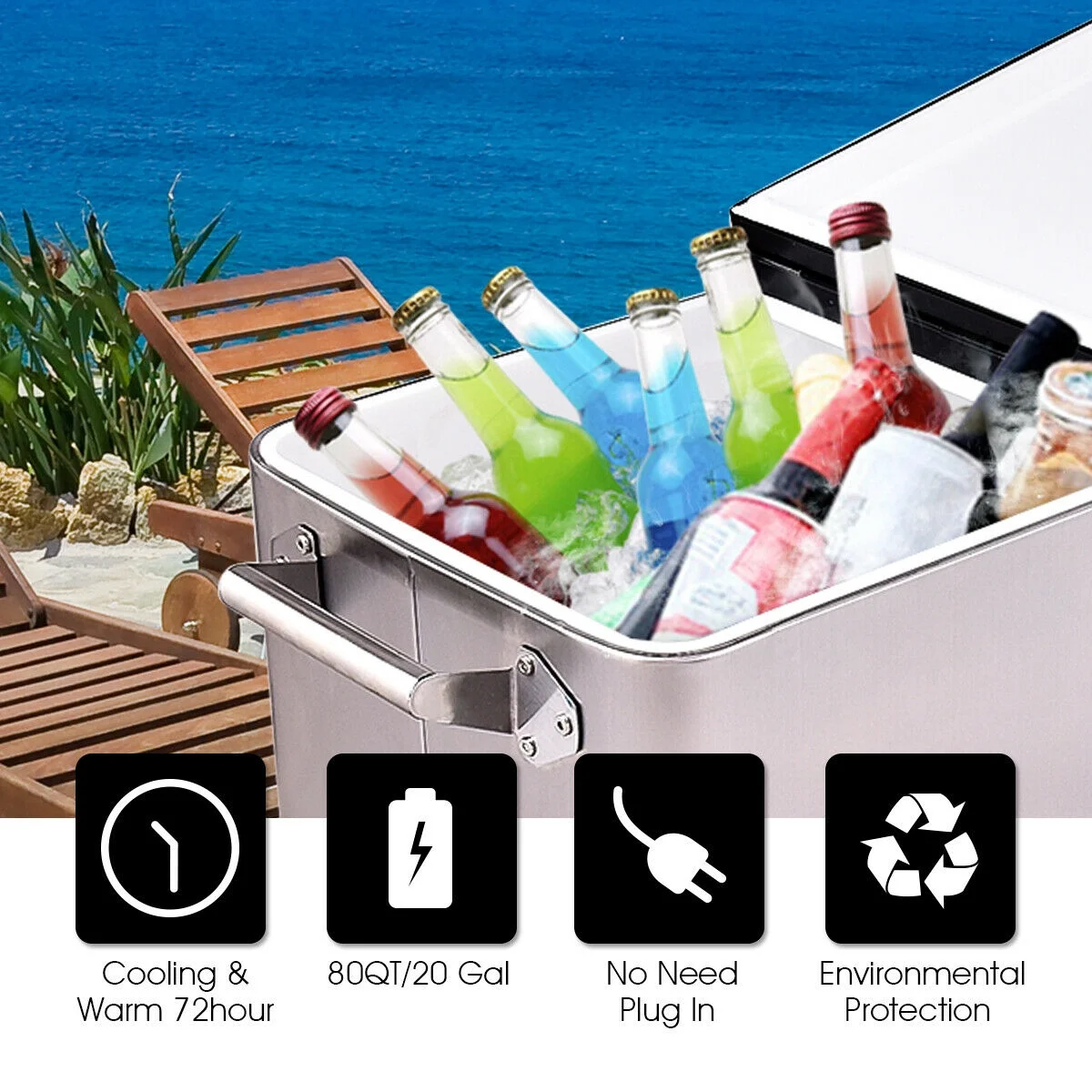 Patio Cooler Rolling Outdoor Stainless Steel Ice Beverage Chest Pool 80 Quart - Image 6