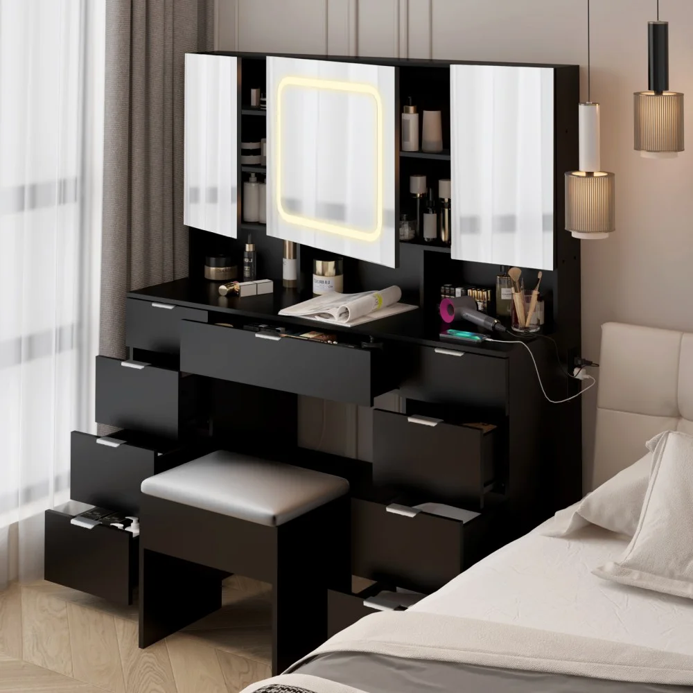 Vanity Desk Set with Large LED Lighted Mirror Power Outlet, Makeup Dressing Table with 9 Drawers and 3 Cabinets in Mirrored Doors, 47" Vanity Table with Cushioned Stool for Bedroom, Black(Black) - Image 4