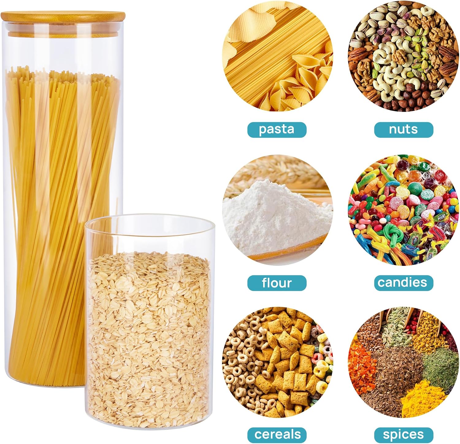 Vtopmart Glass Food Storage Jars, 7 Pack Kitchen Containers with Airtight Bamboo Wooden Lids for Pasta, Cookies, Nuts, Coffee Beans, Cereal, Canisters Set for Flour, Pantry Organization, BPA Free