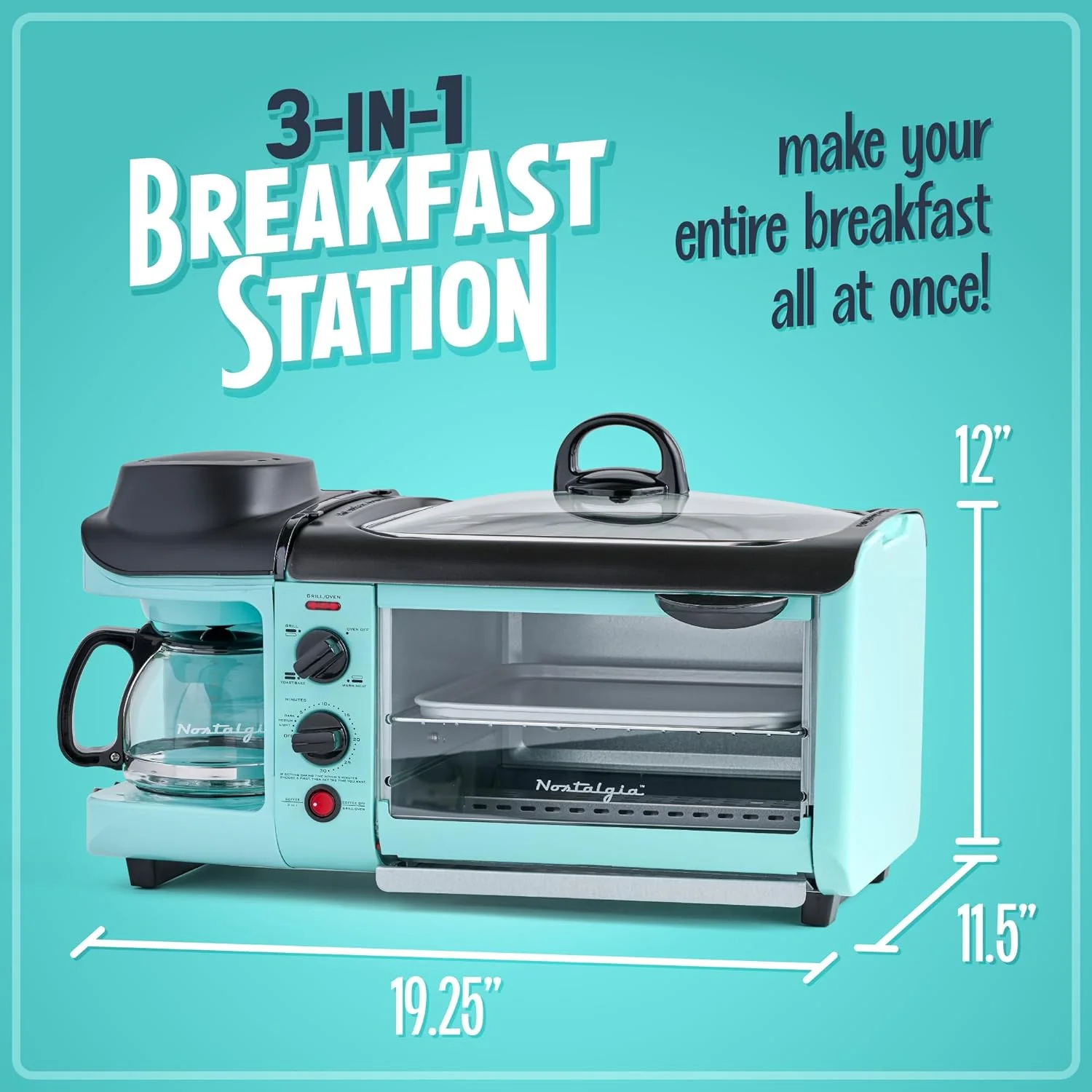 3-in-1 Breakfast Station Includes Coffee Maker, Non-Stick Griddle, and 4-Slice Toaster Oven Versatile Breakfast Maker with Timer Aqua(Classic Retro) - Image 2