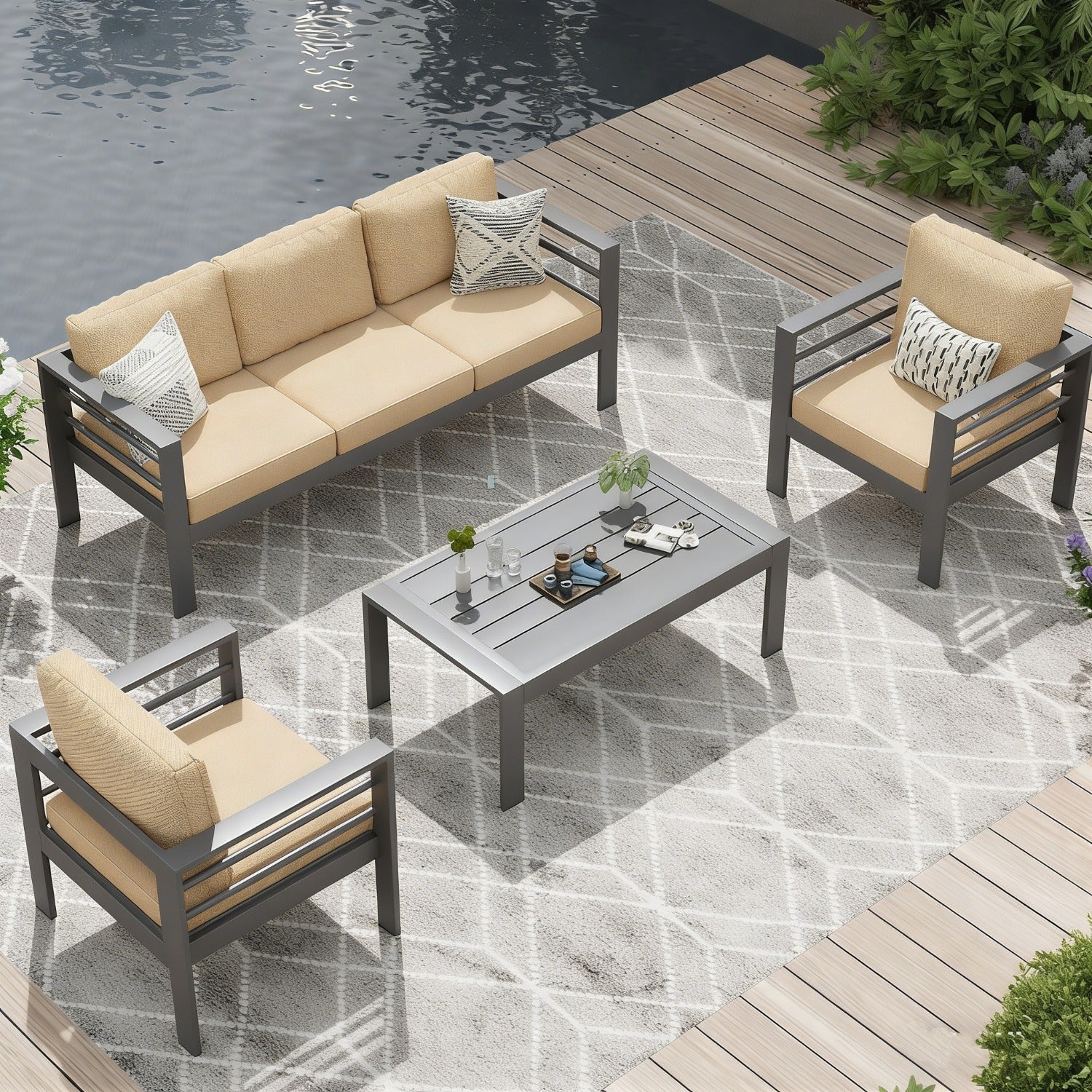 AECOJOY Aluminum Patio Furniture Set, 4 Pieces Outdoor Sectional Sofa Set, Beige