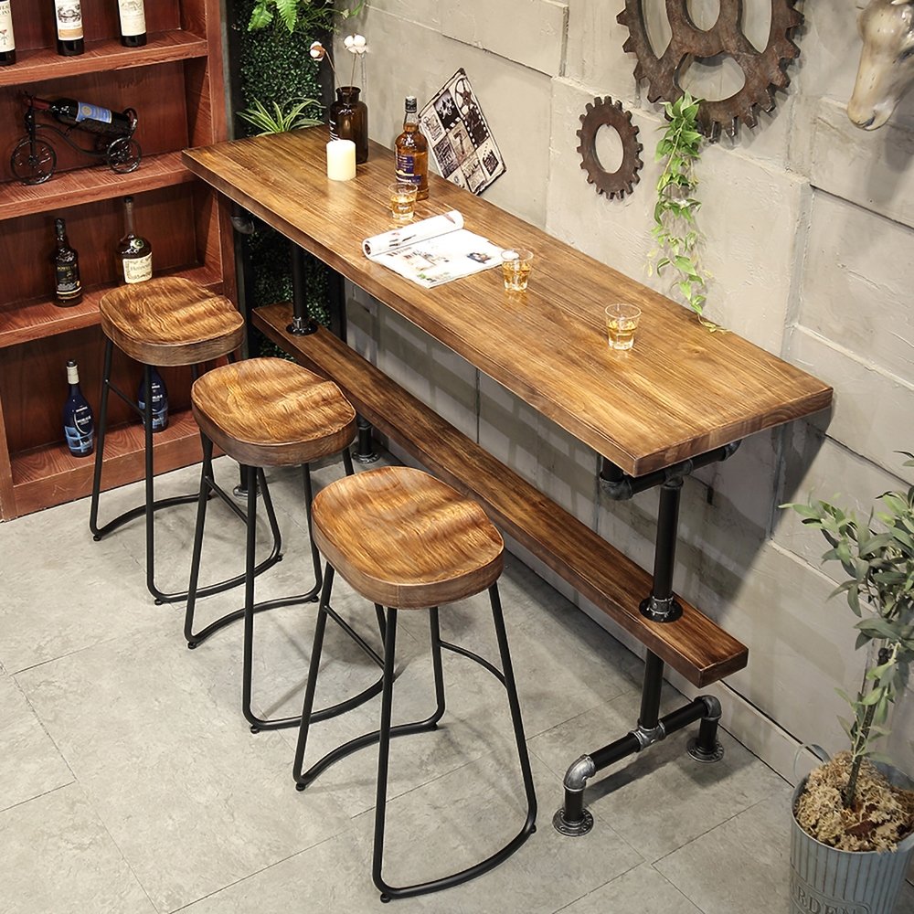 Liquidation - Table de bar rectangulaire rétro style industriel naturel et chaises