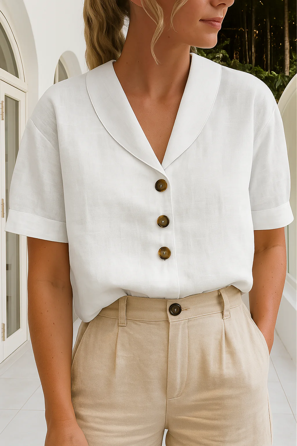 Blouse femme manches courtes avec col foulard et détails à boutons