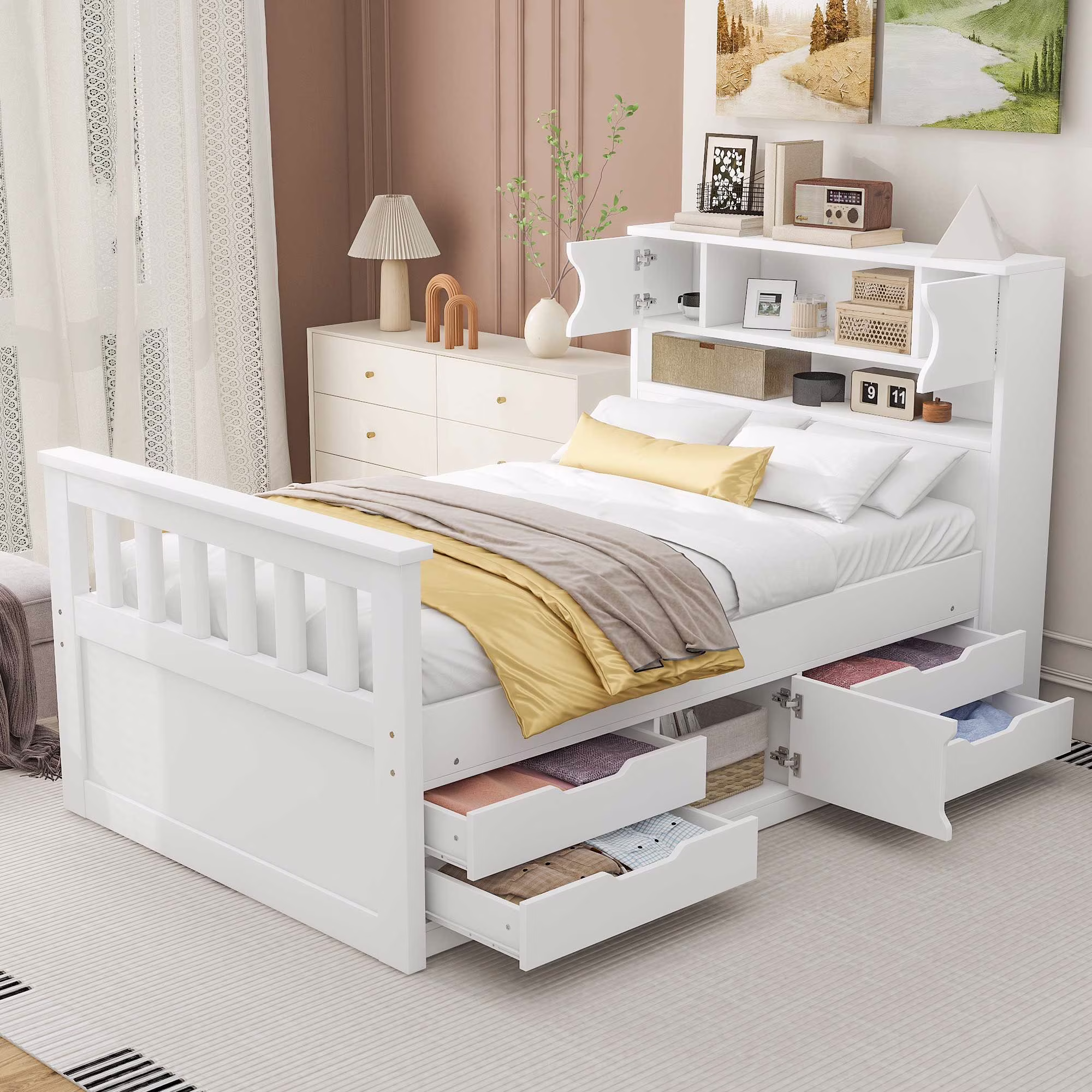 Wood Twin Size Platform Bed with Storage Headboard, Captain Bed with 4 Drawers, Bookcase and Cabinets, Gray(Gray) - Image 3