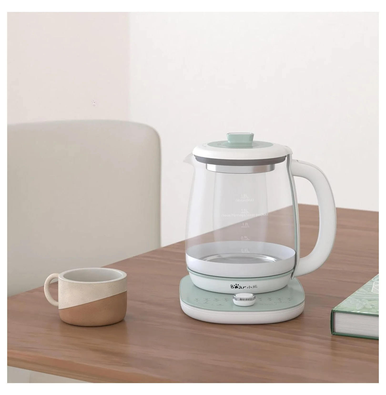 Bear Electric Kettle with Infuser & Stew Pot - 1.8 L Health Pot, 16 Menus, Glass Kettle, Tea Maker, 120V, Green