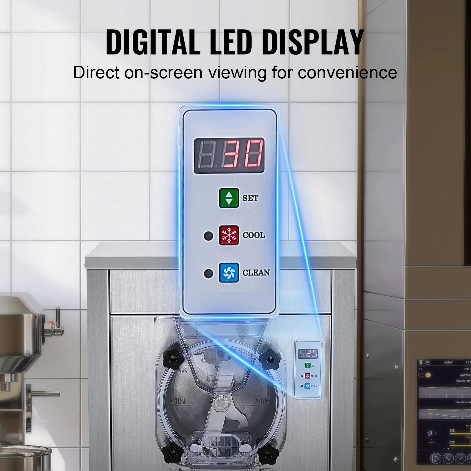 Commercial Ice Cream Machine, 18L/Hour Output, 1780W, Single Flavor, Mobile with Wheels, 6L Stainless Steel Cylinder, LED Screen, Auto Clean Pre-cool - Image 3