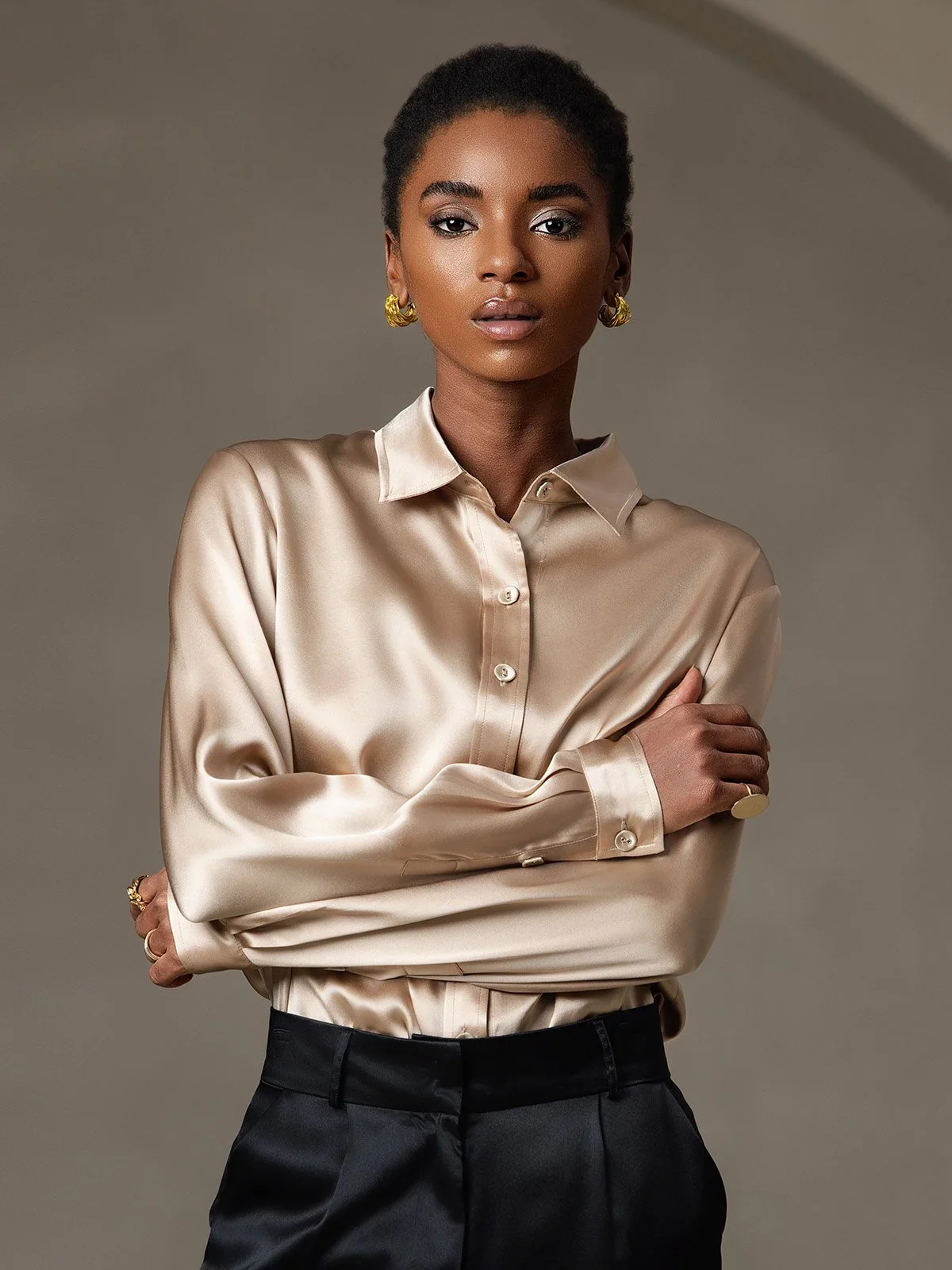 19Momme Silk Long Sleeve Lapel Collar Women's Shirt