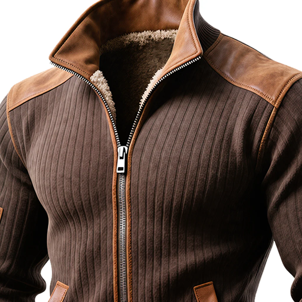 Veste Marron Côtelé avec Zip et Accents en Cuir