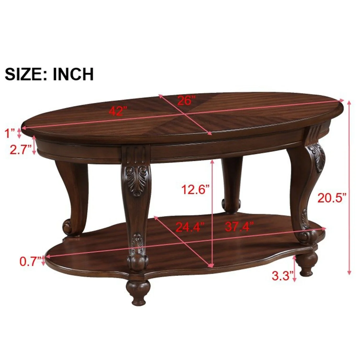 42" Oval Coffee Table with Storage Shelf, 2-Tier Solid Wood Cocktail Tea Table, Traditional Retro Center Table for Living Room, Bearing 400LBS, Cherry(Cherry) - Image 4