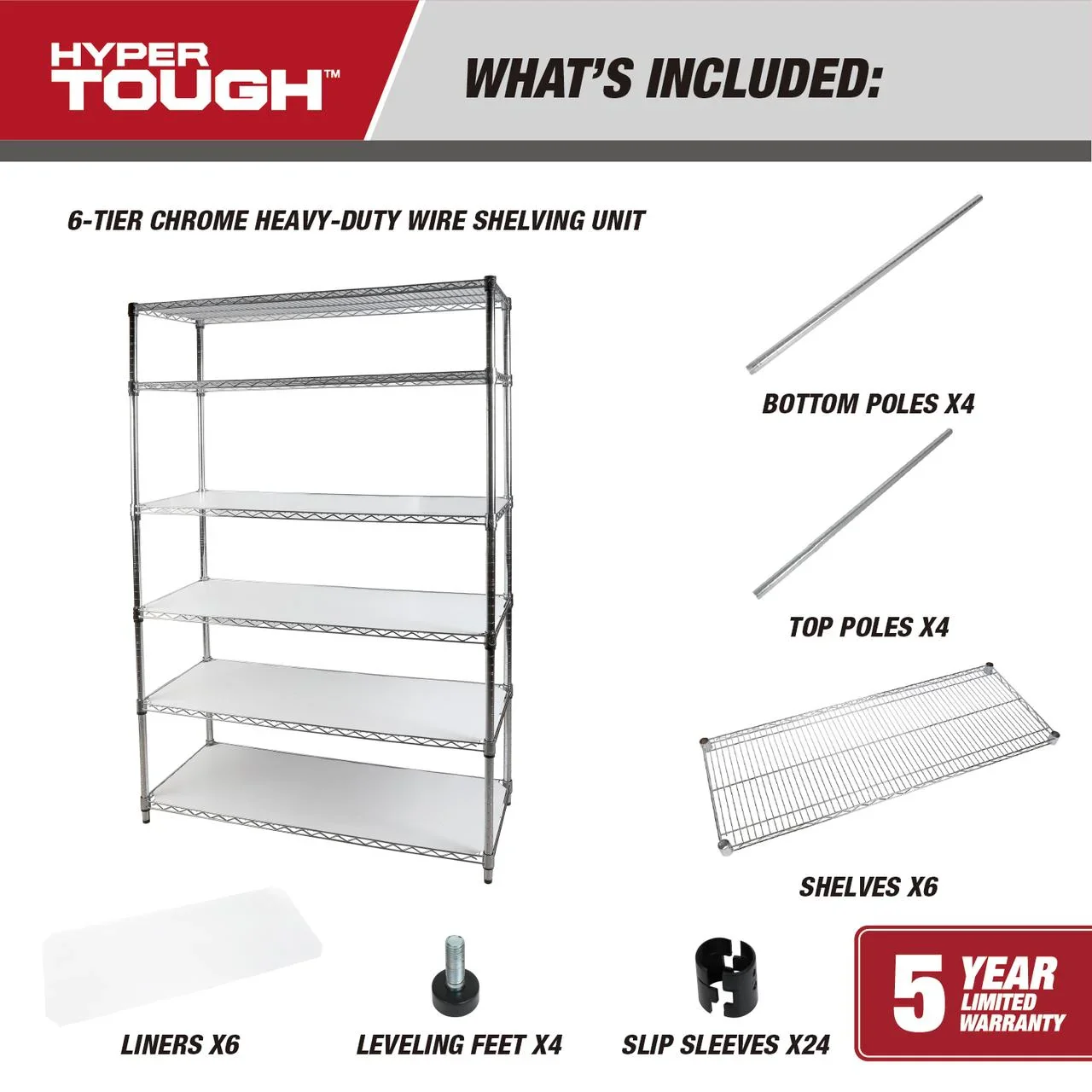 Hyper Tough 6-Tier Wire Storage Shelves with Liners, 48 W x 18 D x 72 H, 3600 lb Load Capacity, Chrome