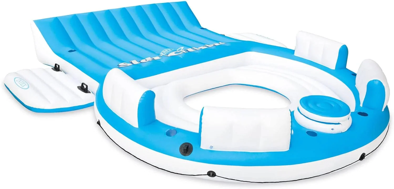 145 X 125 X 20 Inch Inflatable Lake and Pool Relaxation Island Lounger Seat for Up to 7 Adults, Blue and White