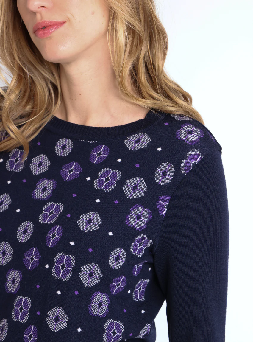 Pull jacquard femme en laine mérinos bleu