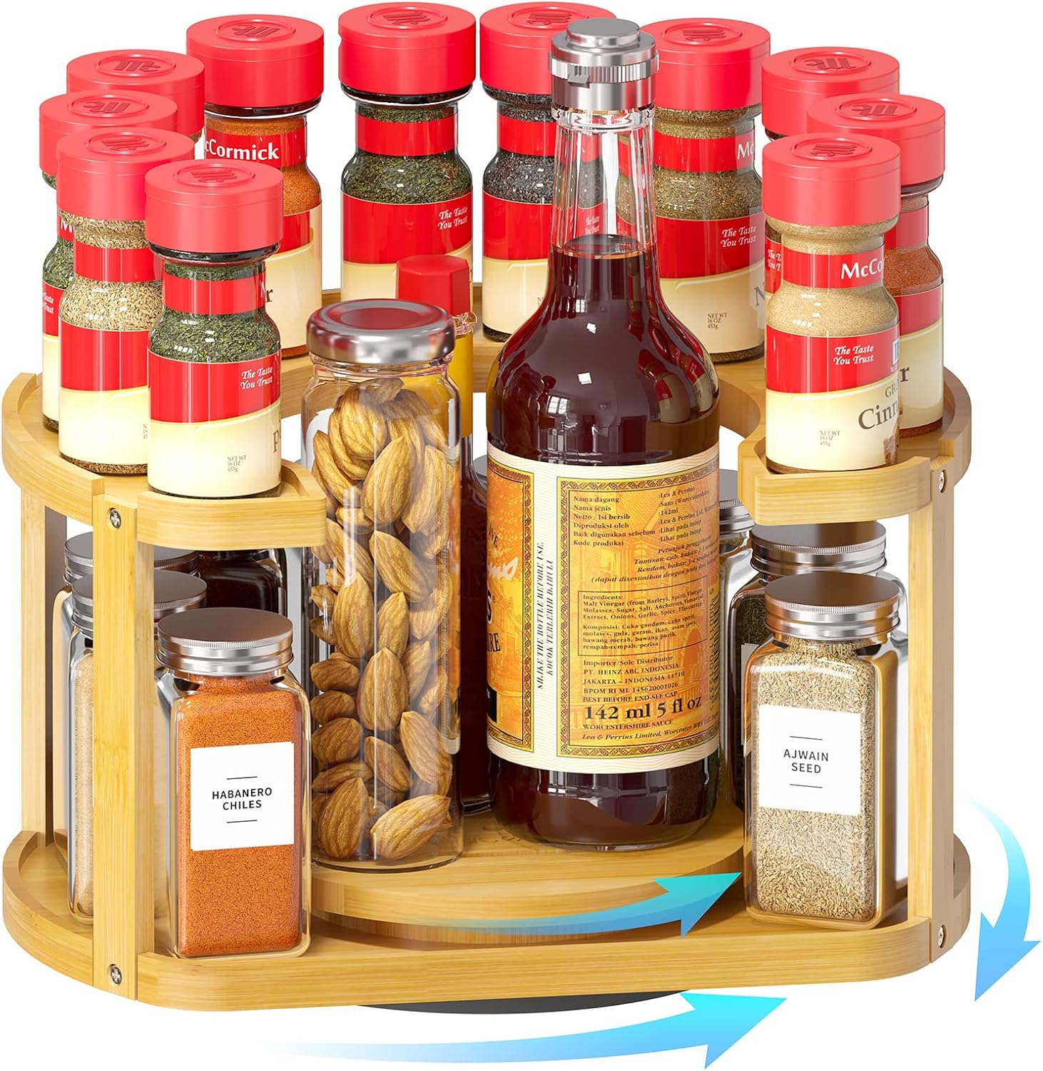 SpaceAid 2 Tier Bamboo Spice Rack Organizer, Lazy Susan Turntable for Cabinet, Home Kitchen Spices Spinning Rotating Shelf Racks for Pantry Seasoning Bottle Holder Storage (Two Tier, Natural)