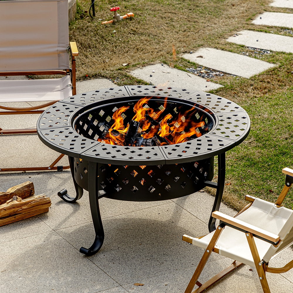 Outvue 36 in Metal Fire Pit with 2 Grill and Lid for Outside, Garden