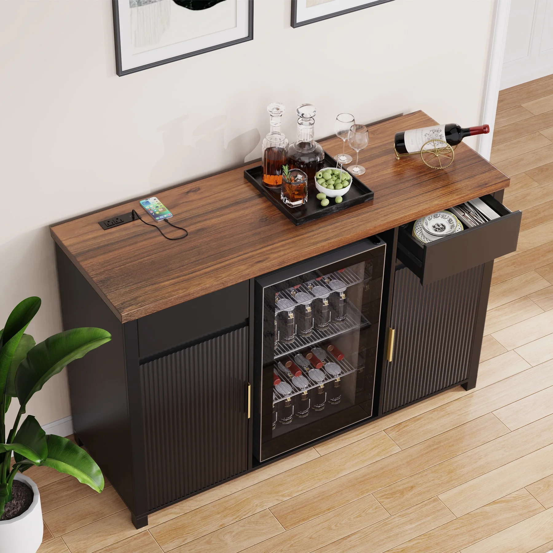 Coffee Bar Cabinet with Fridge Space, Mini Fridge Cabinetbuffet Sideboard53.2