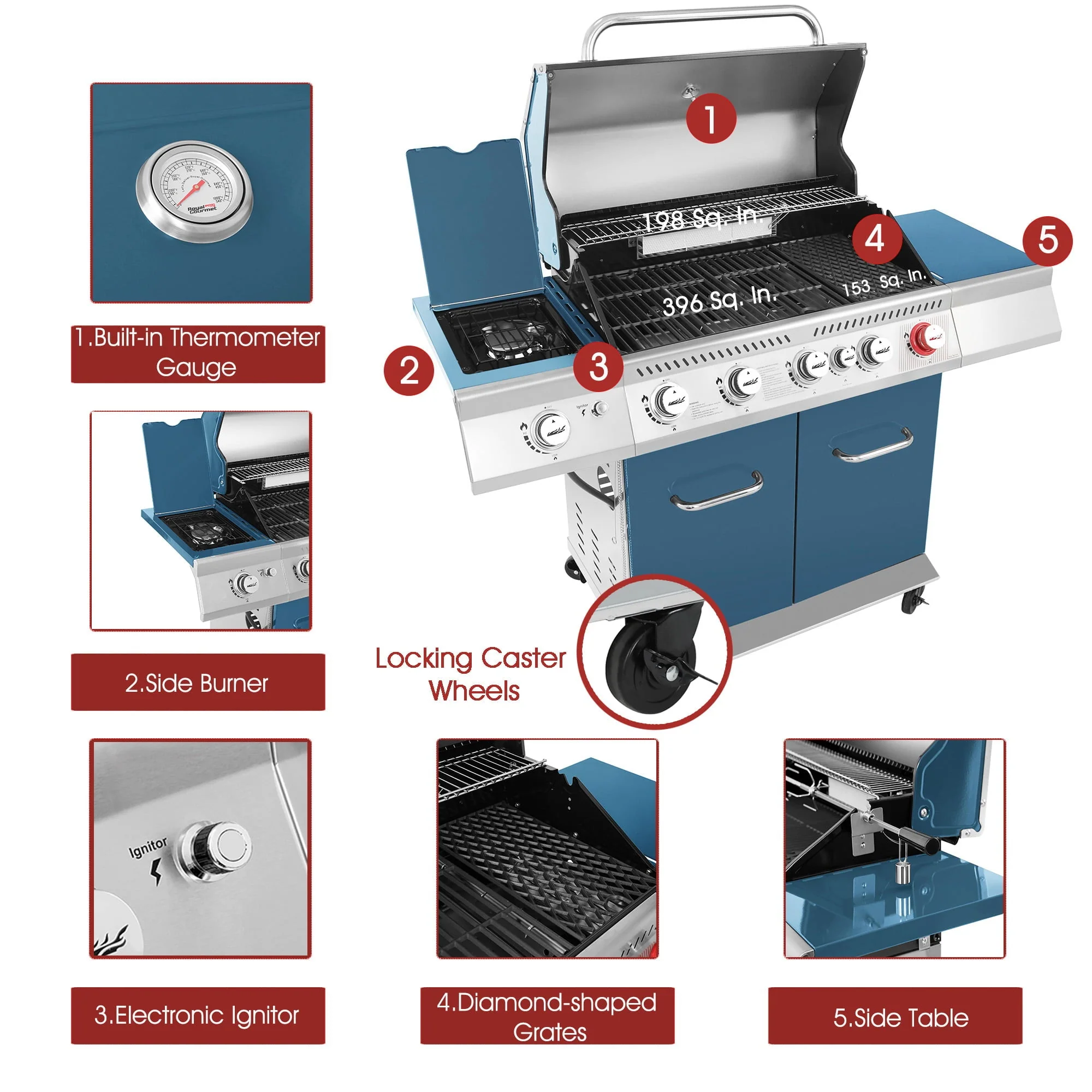 Royal Gourmet GA5403B 5 Burner BBQ Cabinet Style Gas Grill with Rotisserie Kit, Rear Burner, Rear Burner and Side Burner Image 2