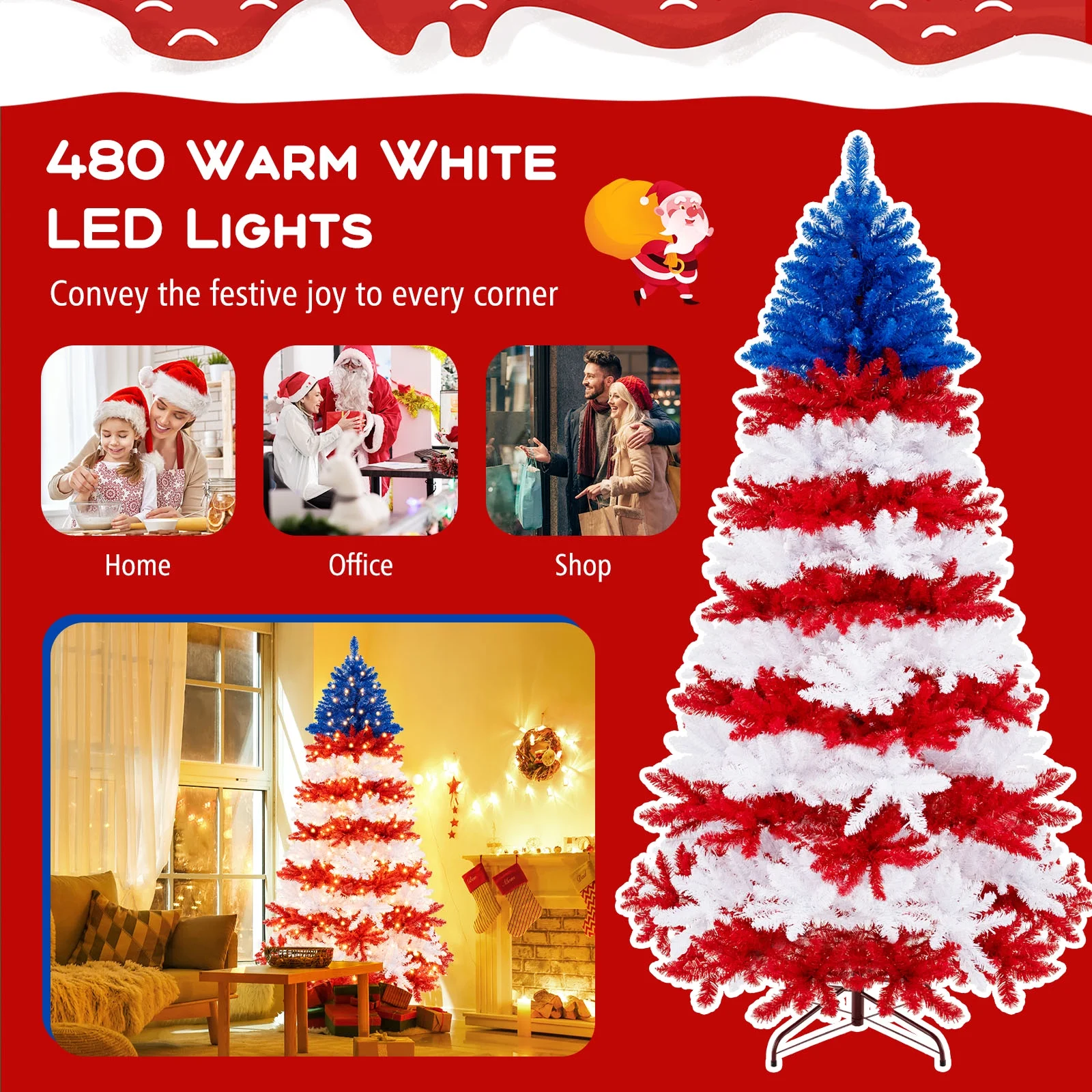7.5 FT Patriotic Pre-Lit Artificial Christmas Tree with 1341 Branch Tips 480 Lights - Image 8